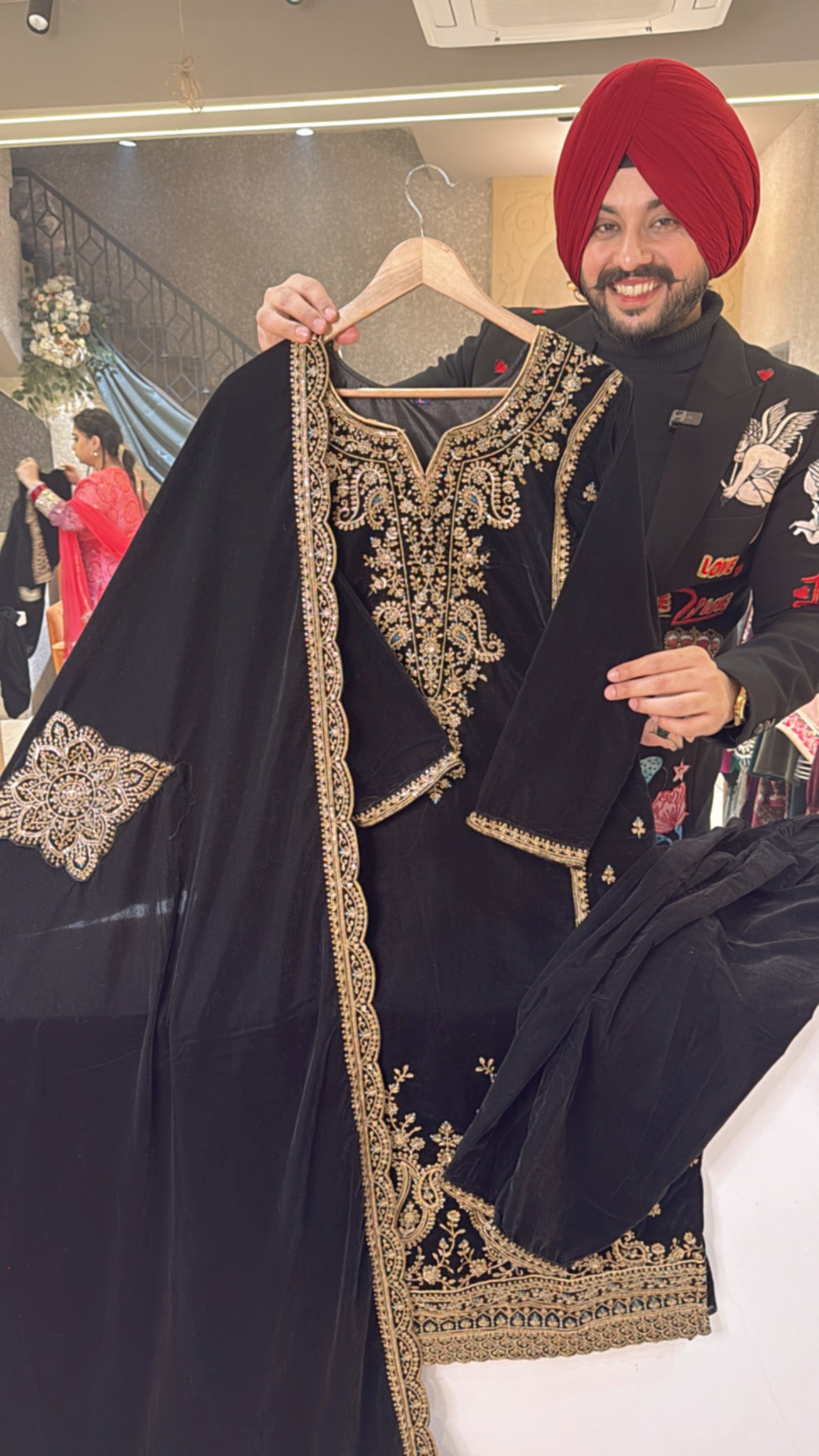 Black Heavy embroidered straight velvet suit with beautiful Duppata