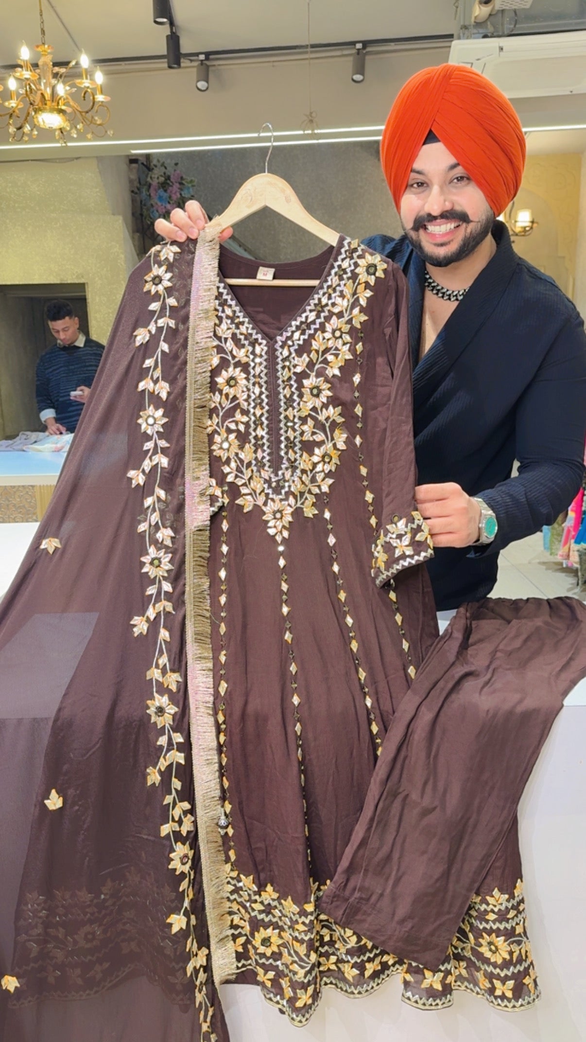 Dark Brown premium Chinon Heavy Gotta & Mirror Work Party Wear Anarkali Suit with Beautiful Kiran Lace Gotta Work Duppata