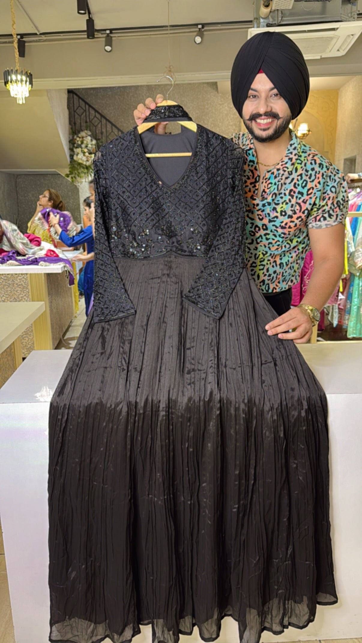 Black Crush Chinon Anarkali Gown With Heavy Hand Embroidery Work on Bust, Sleeves & Necklace Duppata