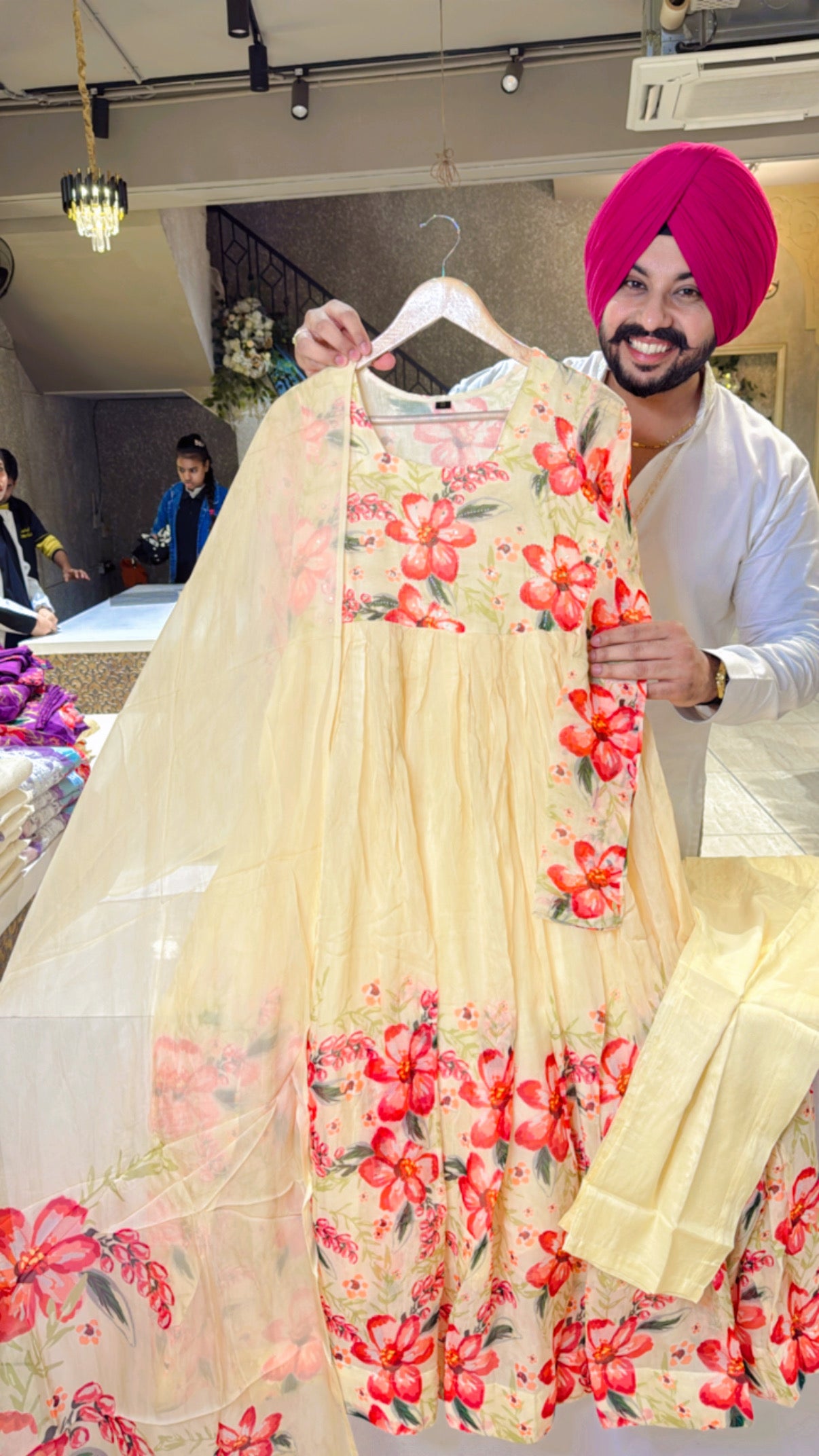 Cream Soft Organza Floral Print girlish Anarkali Suit with Hand embroidery work on neck