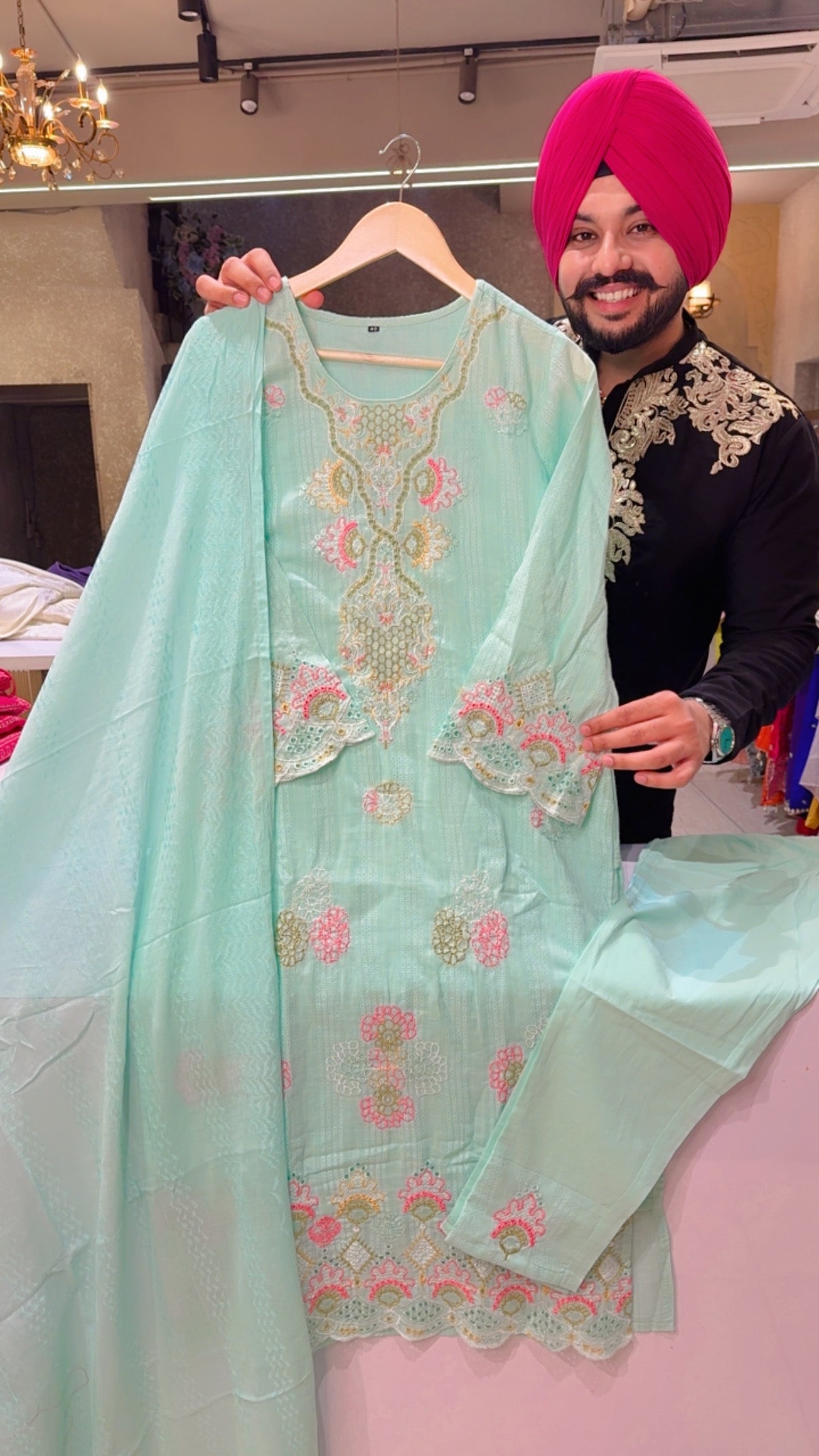 Light Sea Green Soft Dobby Cotton Fully embroidered Kashmiri Suit