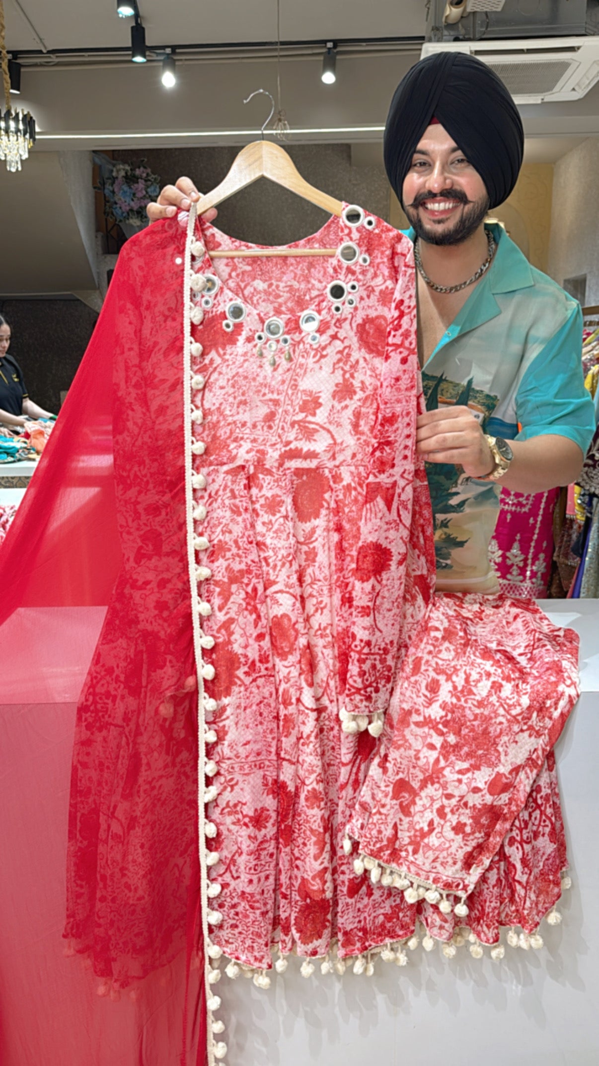 Red & Off White Chiffon Full Flair Floral Print Pom Pom Anarkali Suit with Beautiful Mirror work on Neck