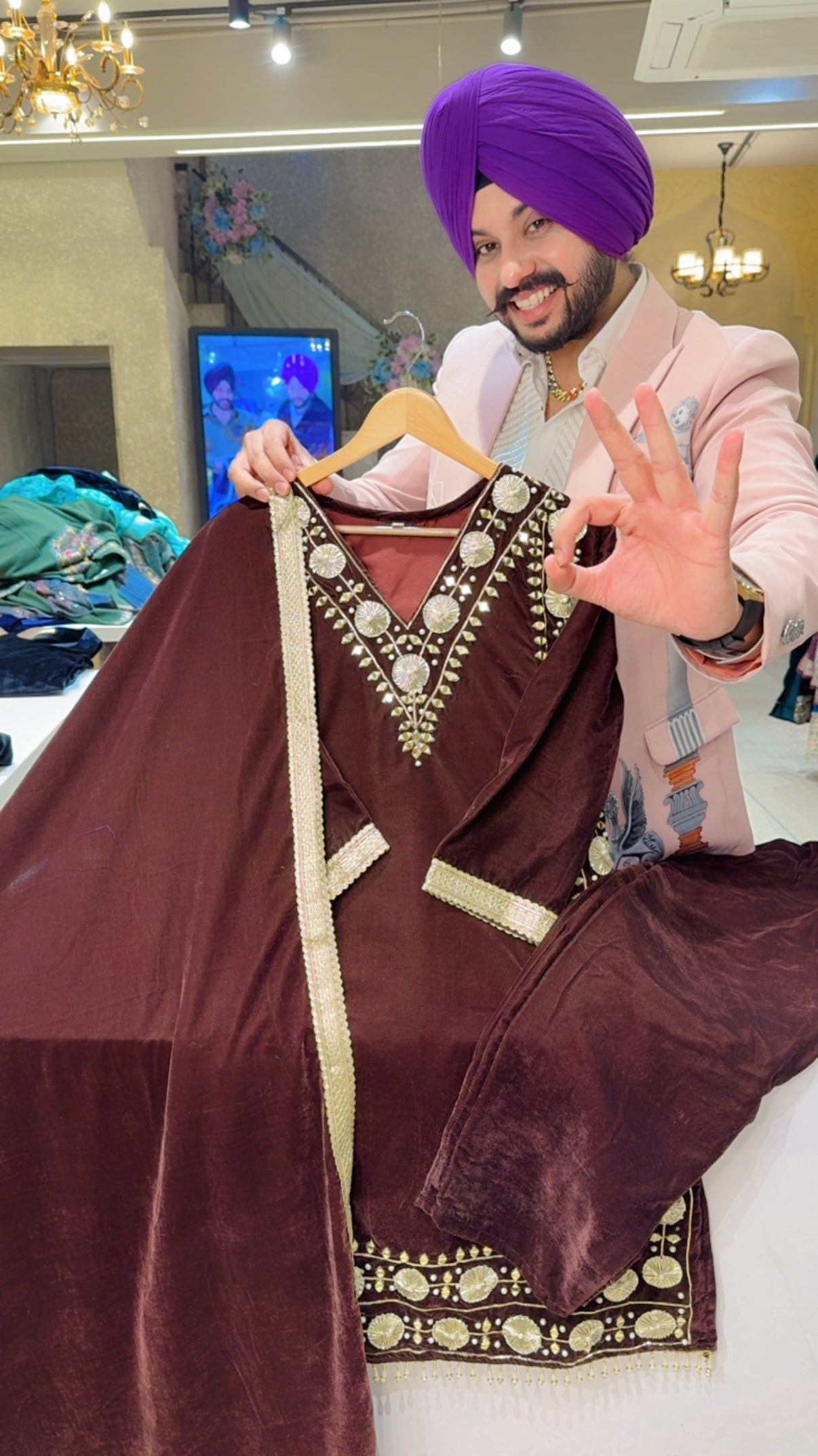 Chocolate Brown Velvet Heavy gotta & Mirror Work Indowestern Suit