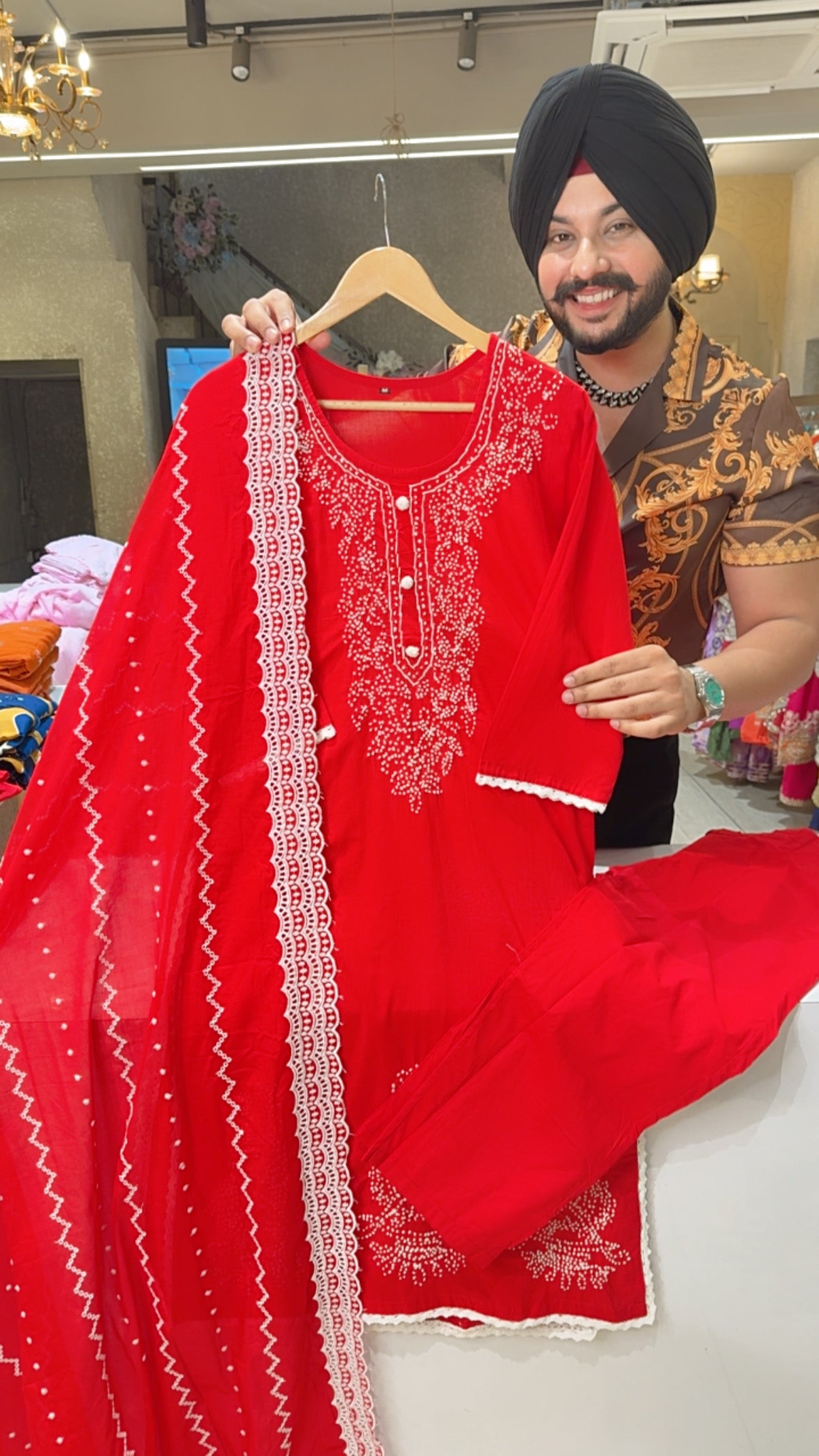 Red Soft Cotton Lucknowi Style Hand Embroidered Straight Suit with Fully Embroidered Duppata