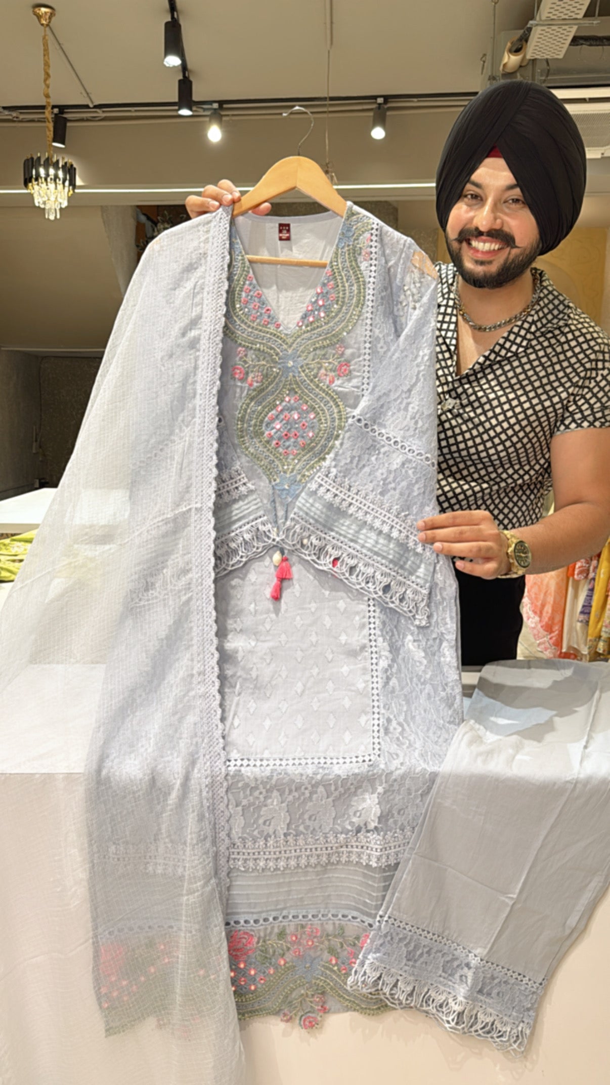 English grey Pure Cotton Heavy embroidered & Crochet Lace Work Kashmiri Suit with Kota Doria Duppata