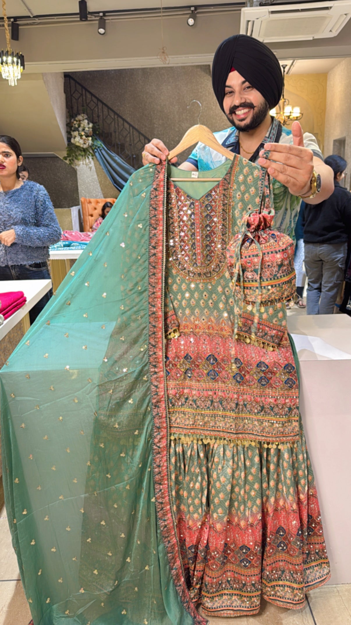 Sea Green Crepe Heavy Embroidered Full Flair Garara Suit with Chinon Duppata & Cute Potli