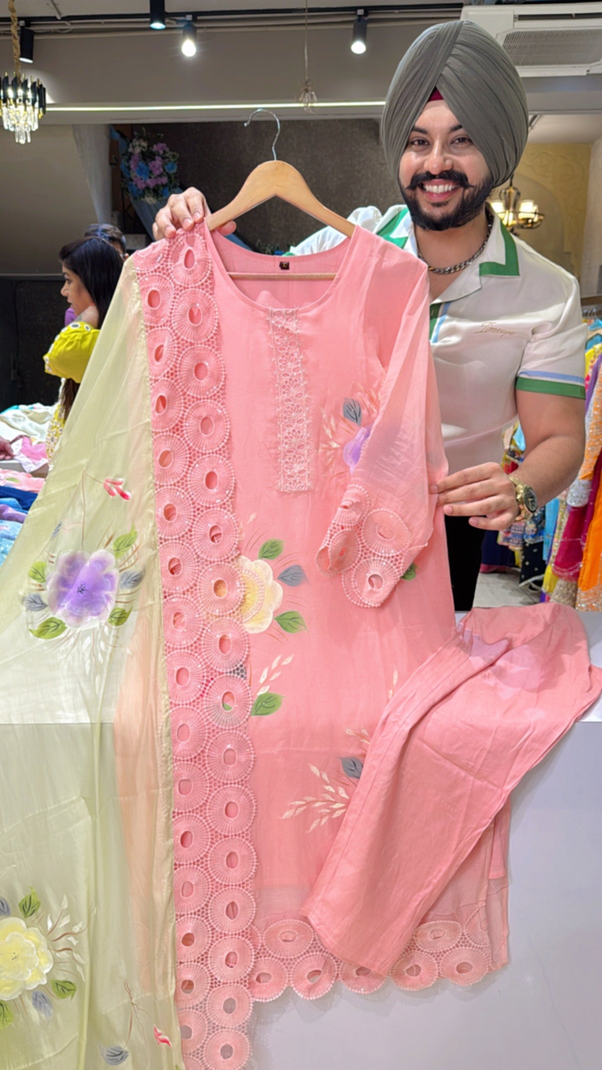 Light Pink Soft Organza Embroidered & Hand painted Straight Suit with Beautiful Handpainted Duppata
