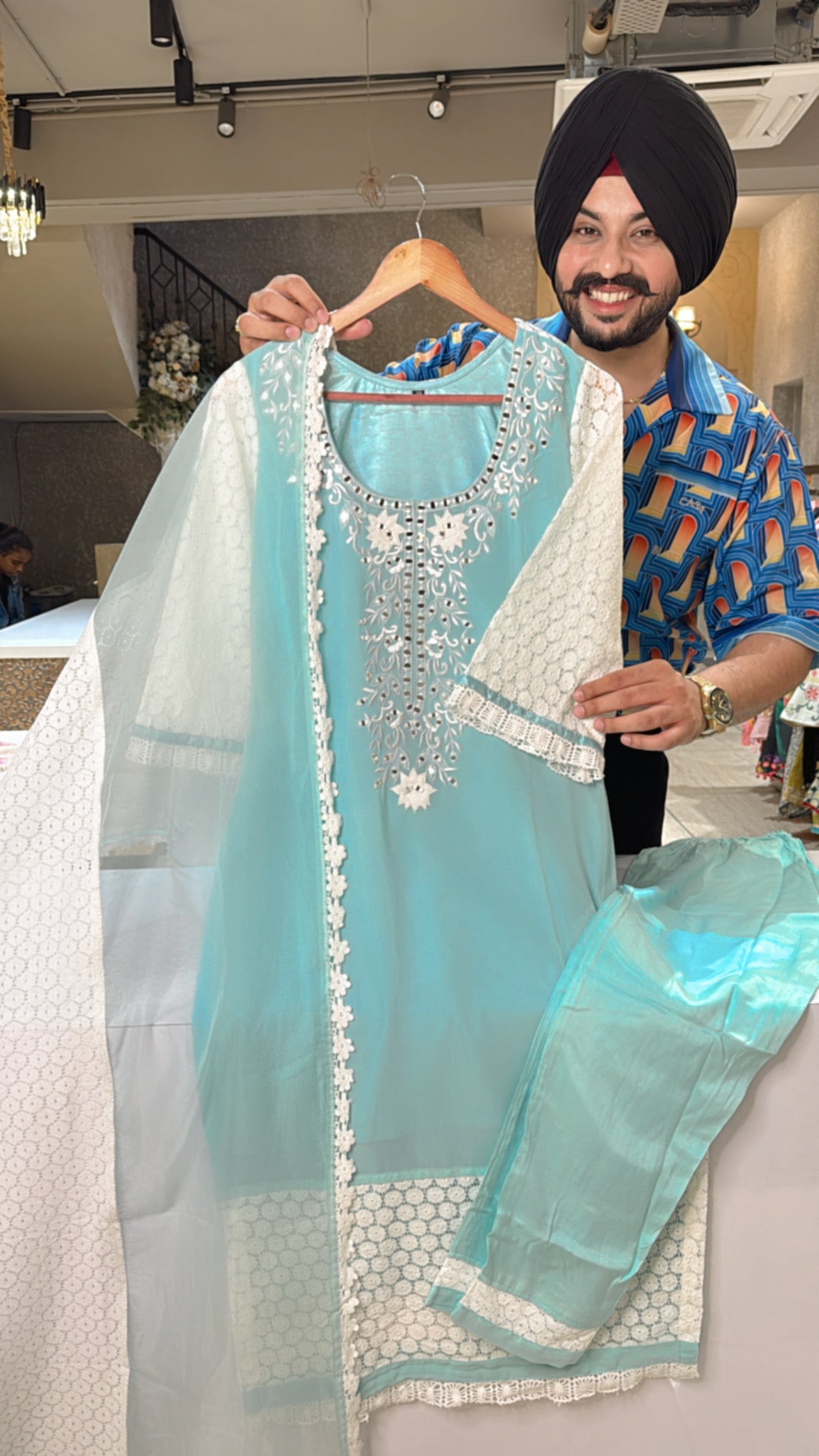 Sea Blue Georgette Heavy embroidered & Crochet work Heavy Pakistani Suit with Beautiful Organza Duppata