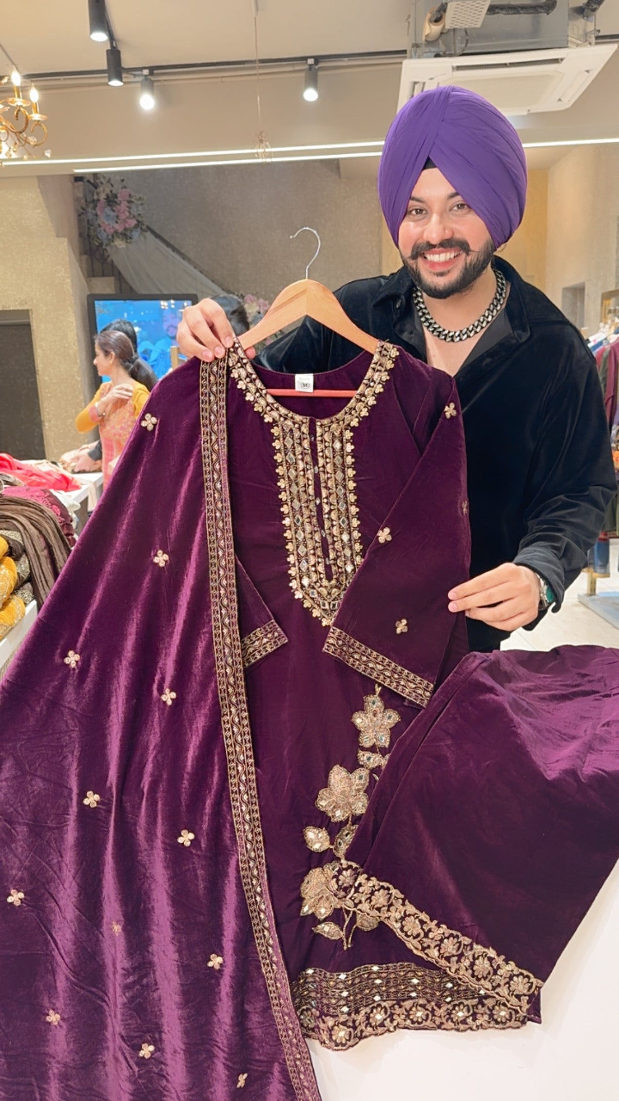 Wine Velvet Floral Embroidered Straight Suit with Beautiful Duppata