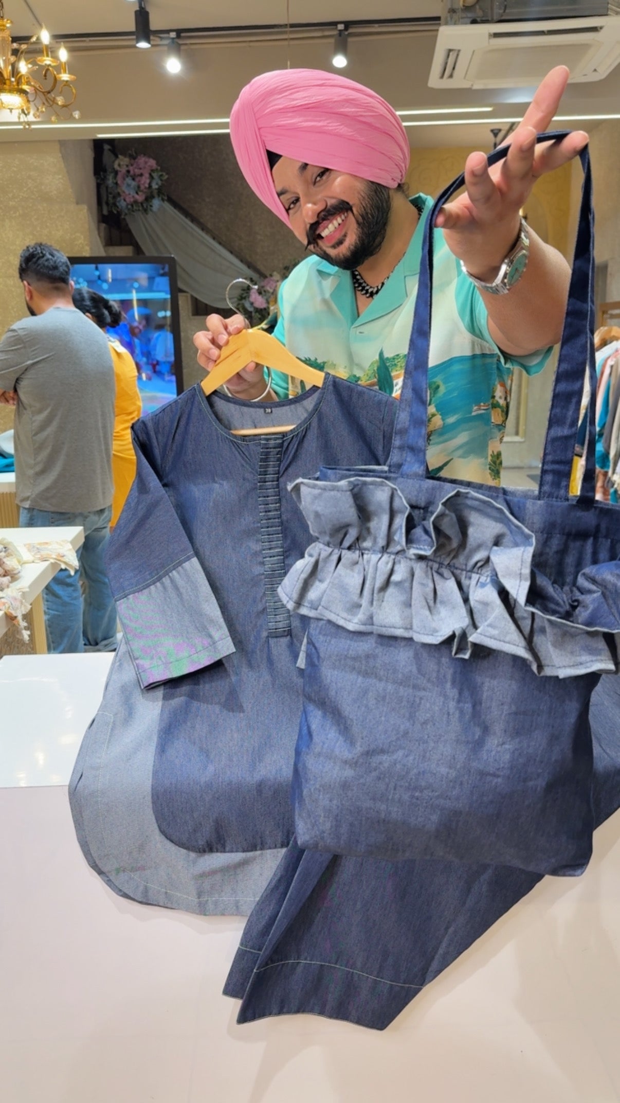 Dark Blue Denim Apple Cut Farshi Salwar Coord set with Stylish Bag