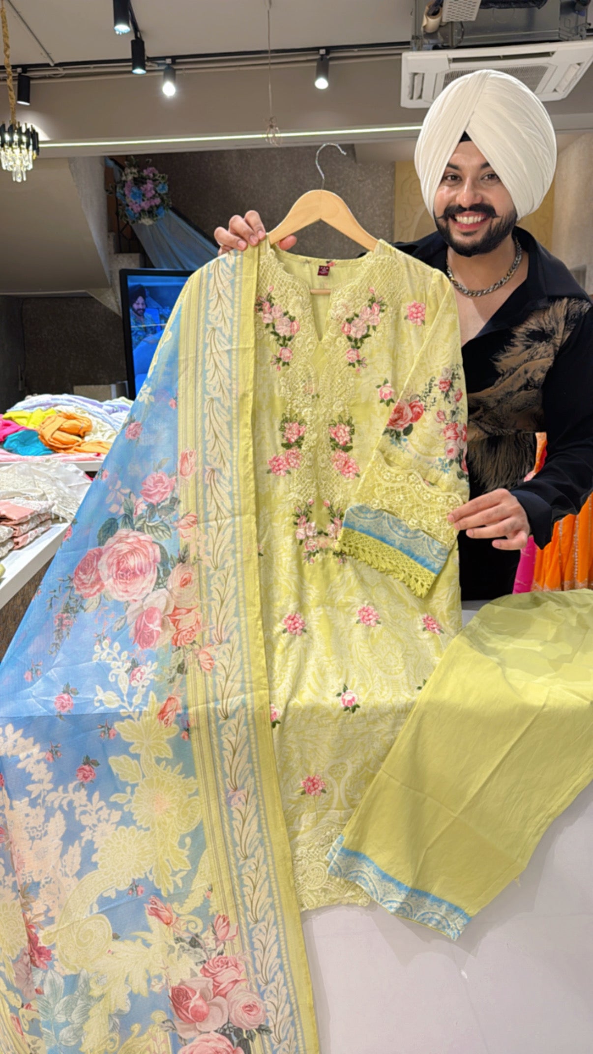 Lime Soft Cotton Heavy Embroidered Kashmiri Suit with Designer Sleeves & Sky Blue Kota Doria Duppata