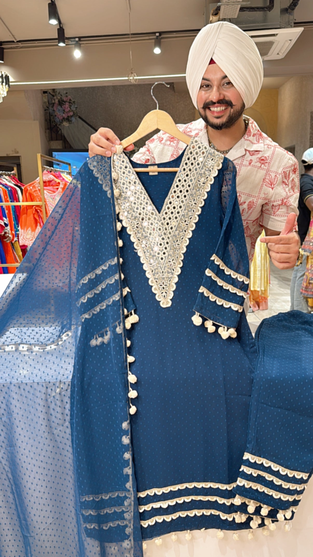Teel blue Georgette Party wear Pom-Pom Suit with Heavy Mirror Work on neck