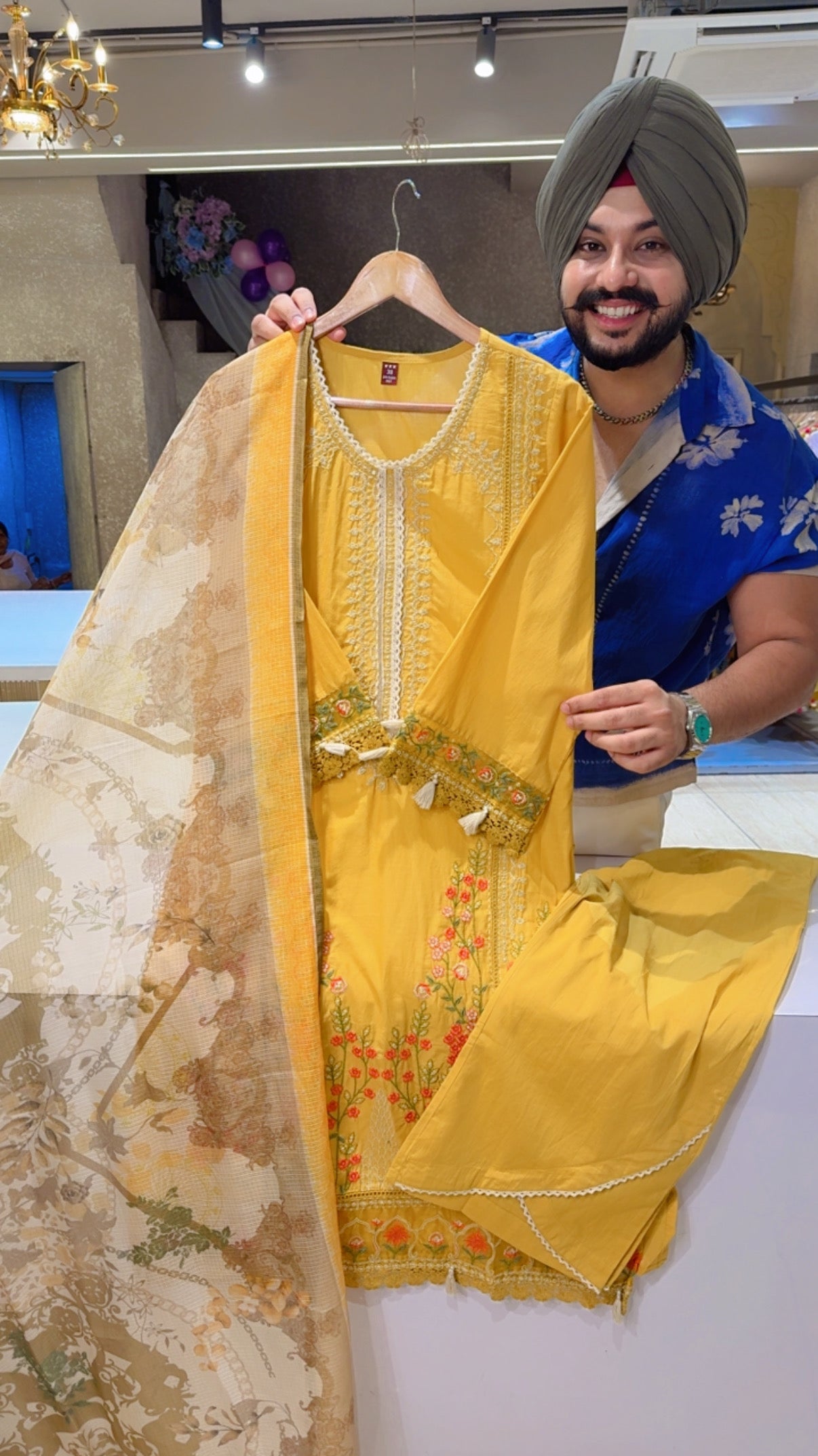Mango Yellow Pure Cotton Fully Embroidered Kashmiri Suits with Beautiful Kota Doria Duppata