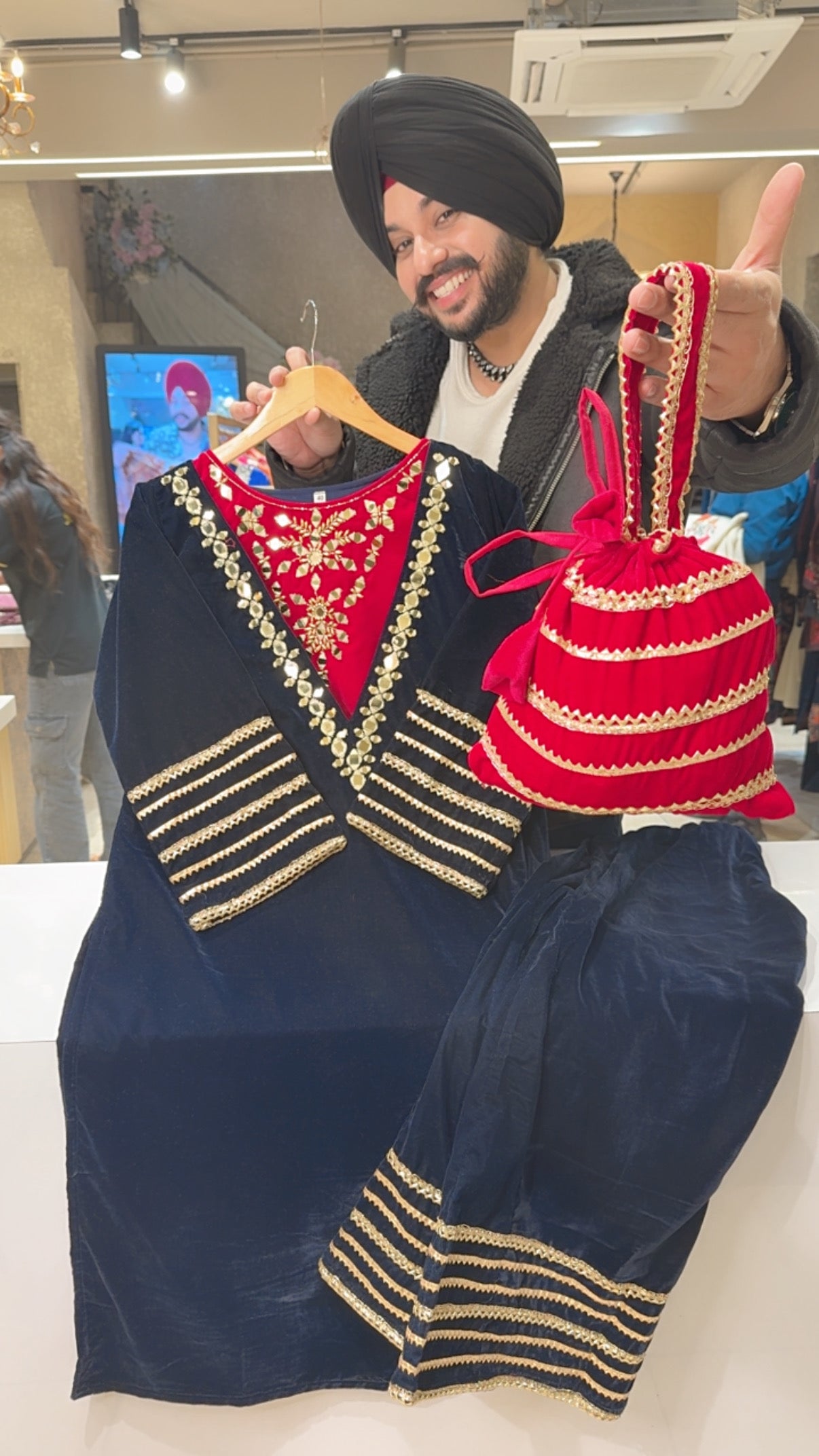 Dark Blue & Rani Velvet Embroidered & Mirror Work Long length Coord set with Stylish Bustier & Cute Potli