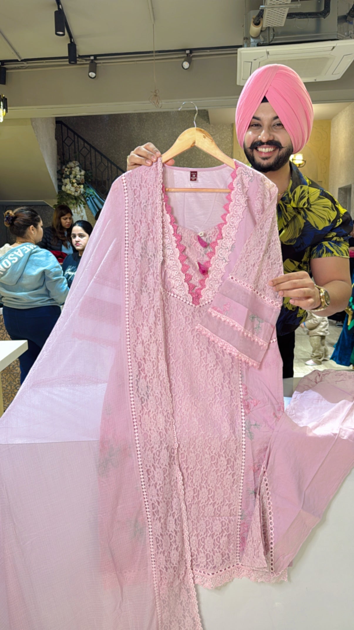 Onion Pink Pure Cotton Heavy embroidered & Crochet work Pakistani suit with Kota Doria Duppata