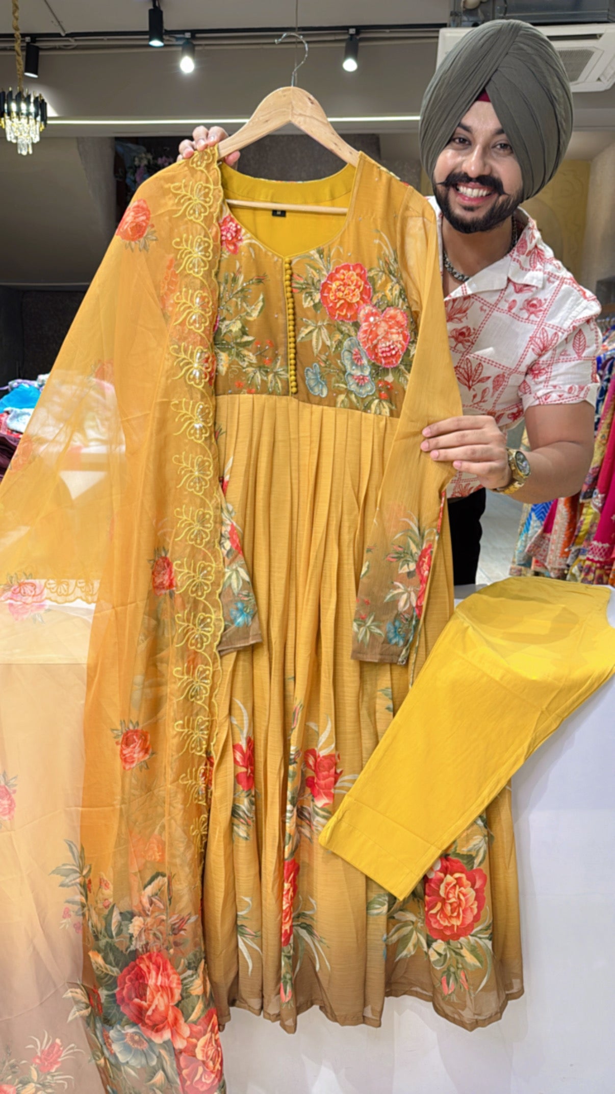 Mustard Yellow chiffon Floral Print Full Flair Anarkali Suit with Hand embroidery Work on neck & Organza Dupatta