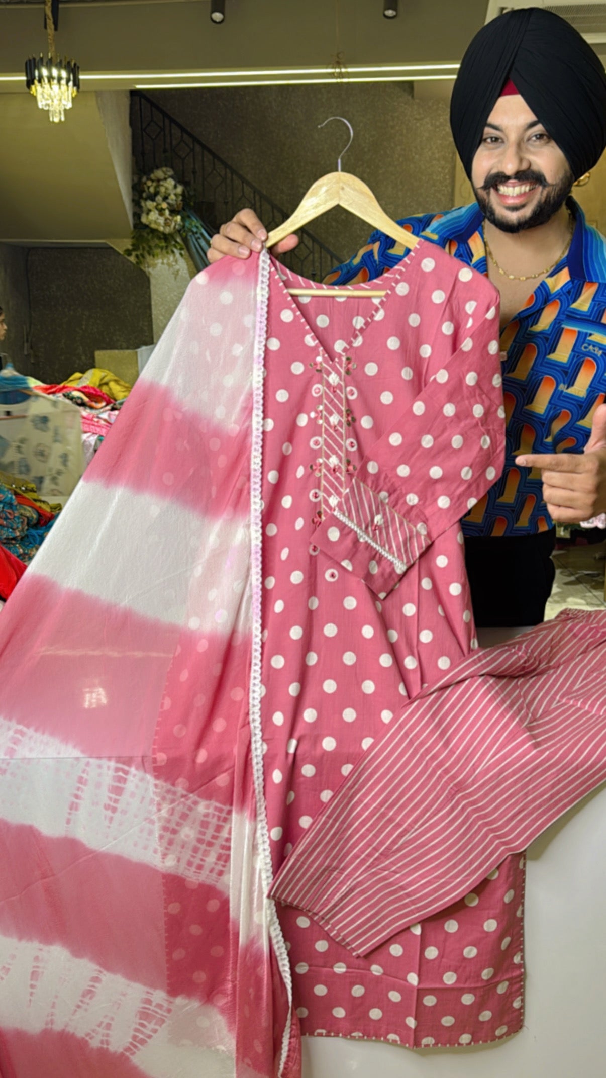 Pastel Pink Polka Dots Office Wear Straight Suit with Sleek Embroidery Work on neck