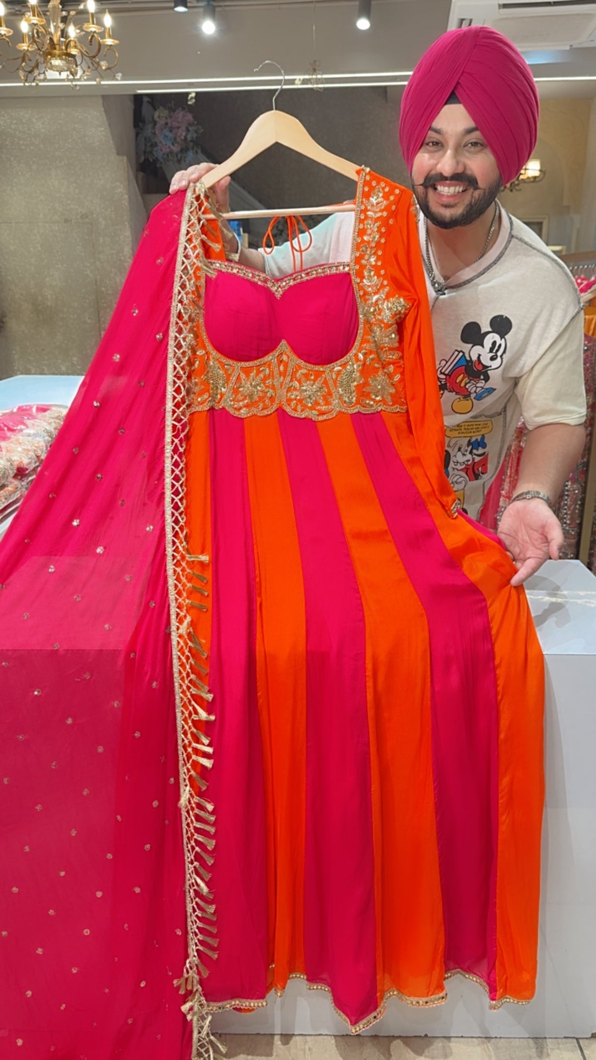 Hot pink & orange Heavy Hand embroidered Padded Semibackless Party wear Anarkali Suit