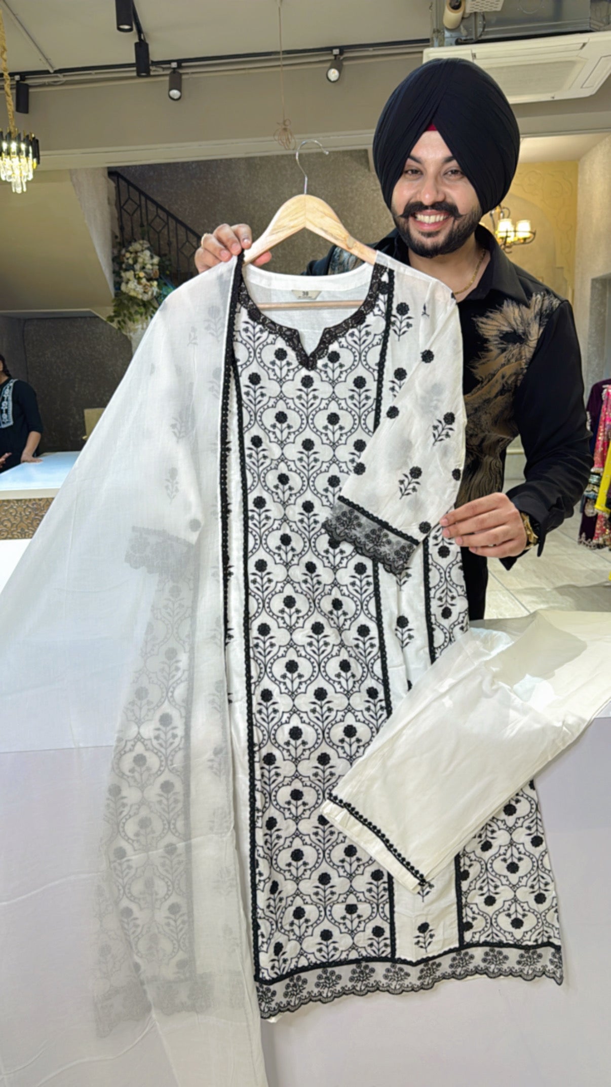 Moon White & Black Mal Cotton Heavy embroidered A-line Suit with Mal Cotton Duppata