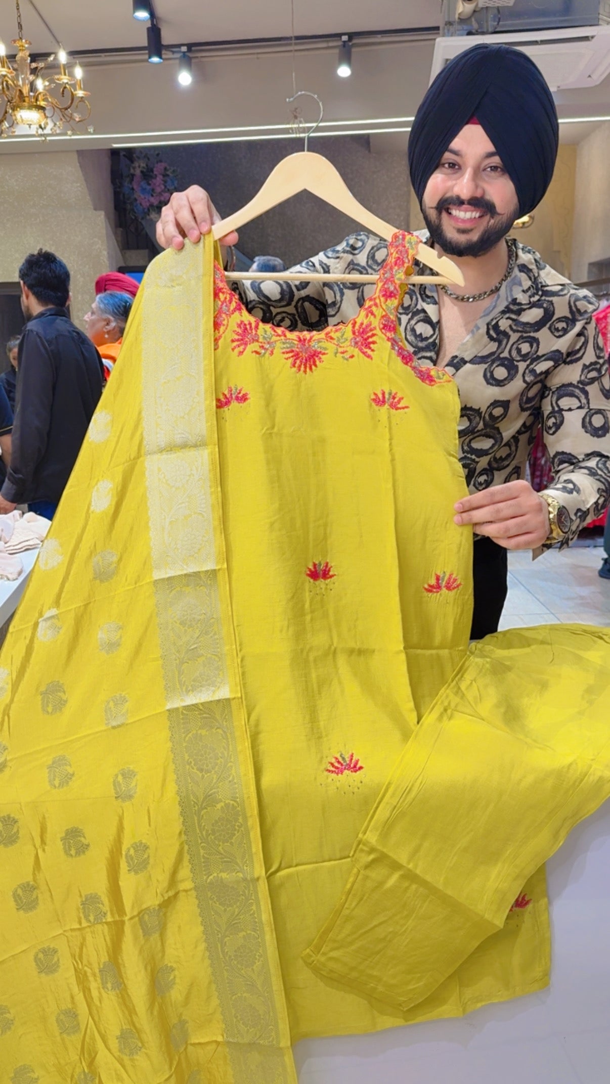 Yellow soft silk Hand embroidered Strap Sleeves Girilsh Suit with Banarasi Dupppata
