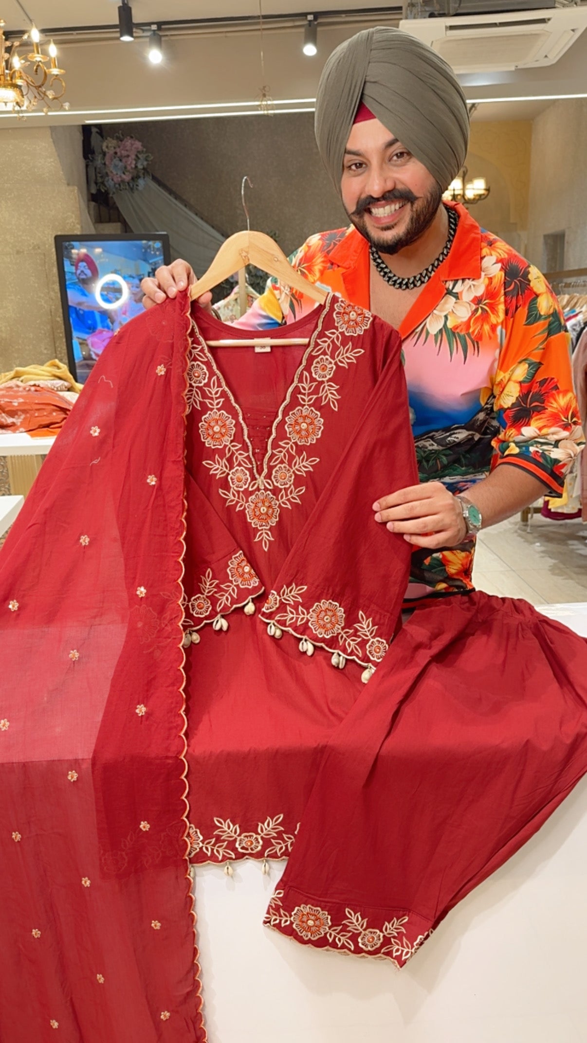 Maroon Soft Cotton Embroidered & Shell Hangings Semi Formal Farshi Salwar suit