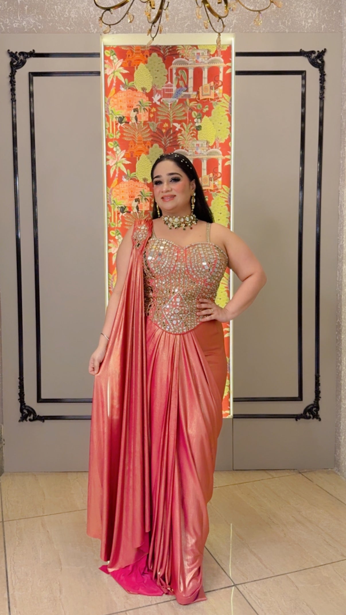 Gajri pink Heavy mirror Work Imported Shimmer Corset With Drape Saree