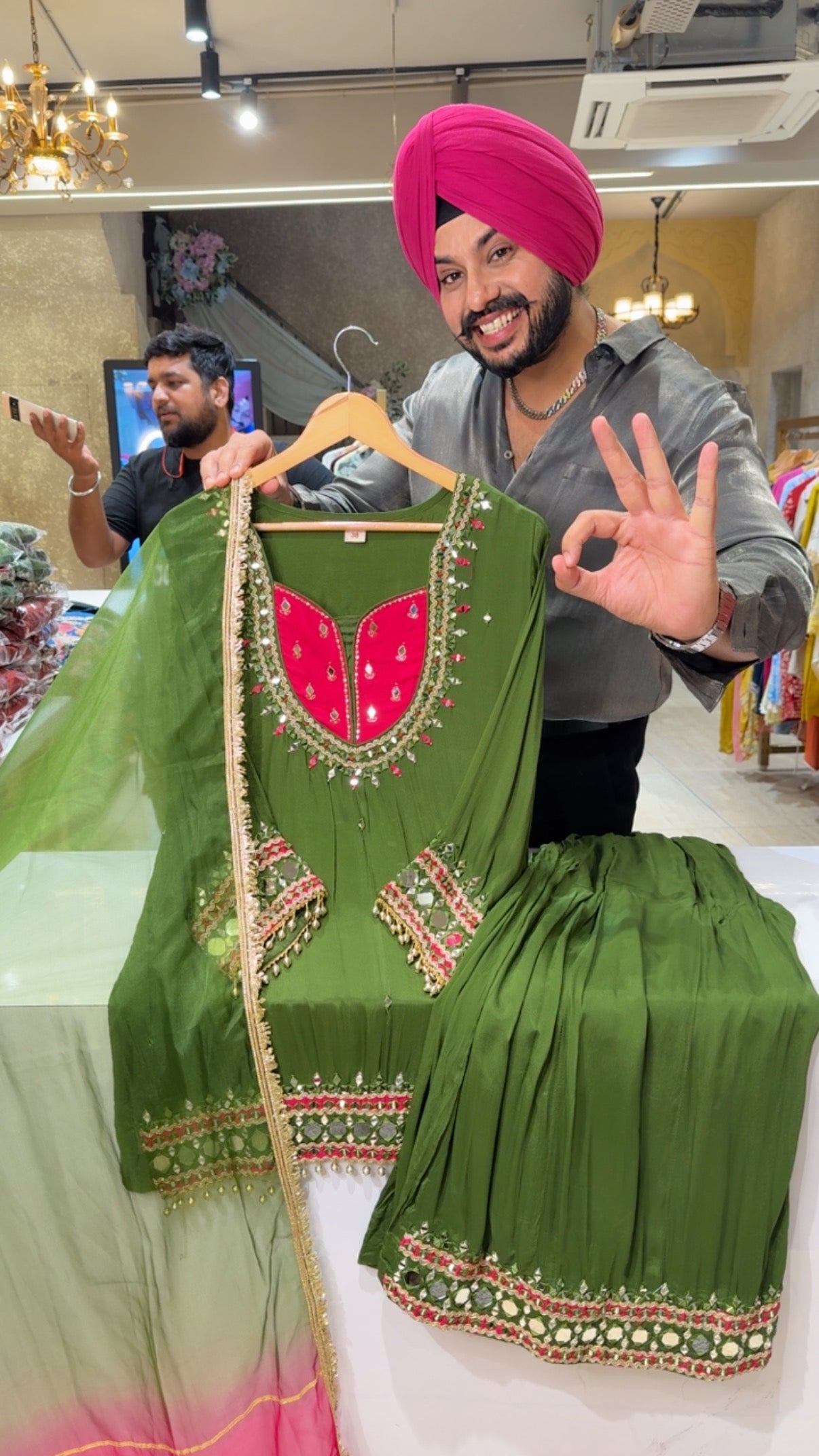 Green Chinon Heavy Mirror Work Sharara Set