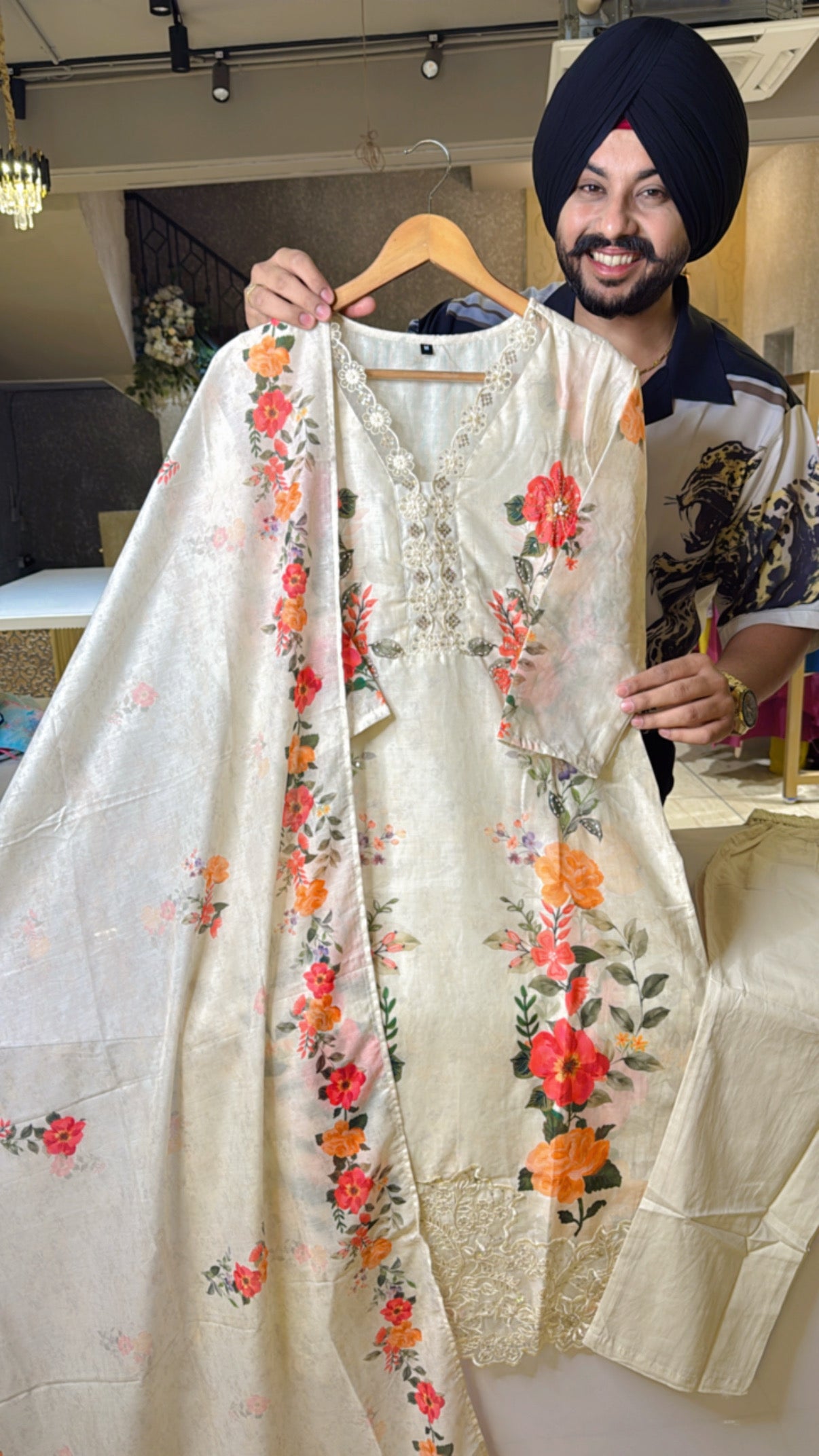 Cream Cotton silk embroidery Floral Print Royal Suit with Beautiful Dupatta