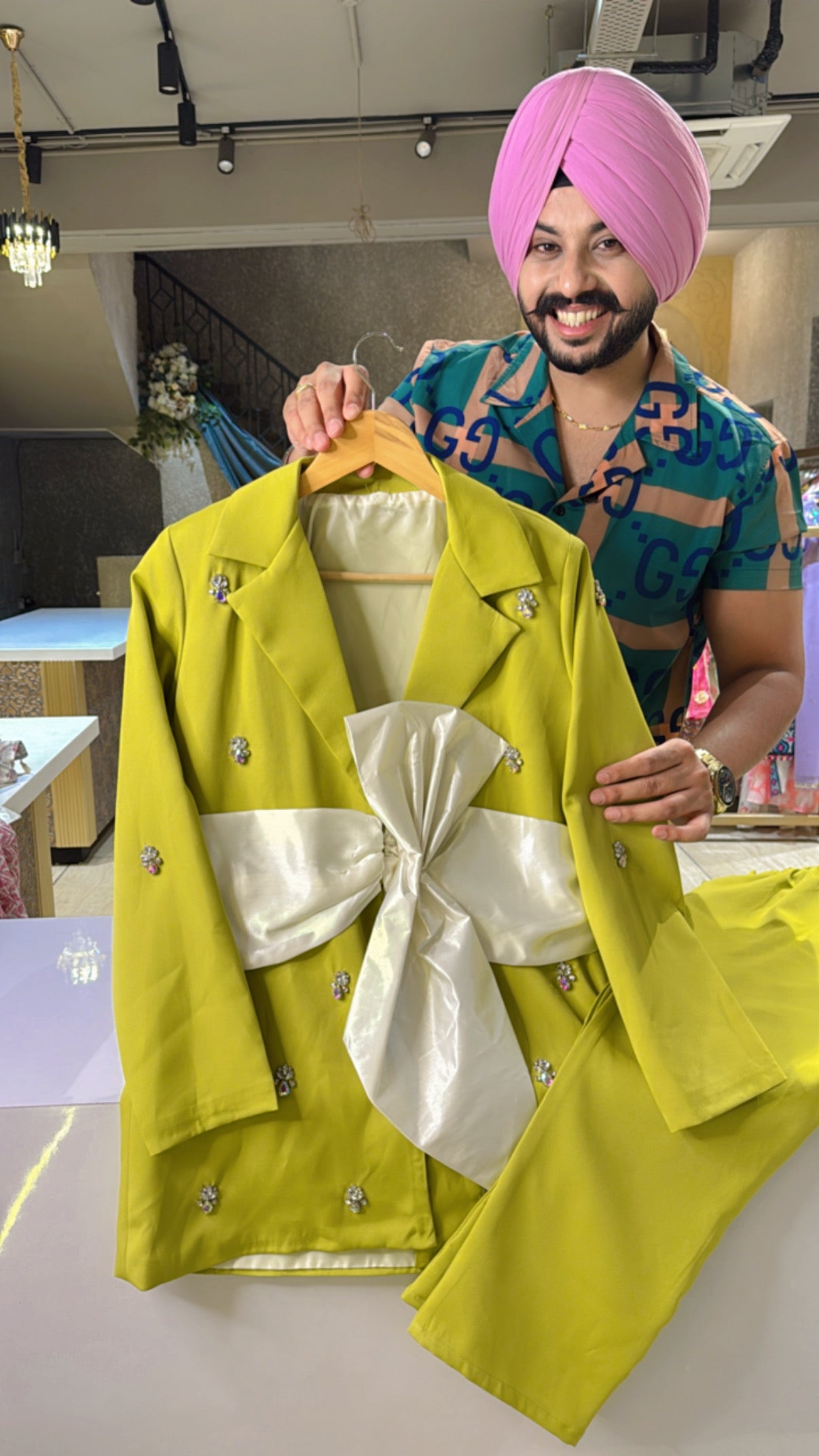 Mint Green Bow Blazer Coord set with Stone Work in Imported Fabric