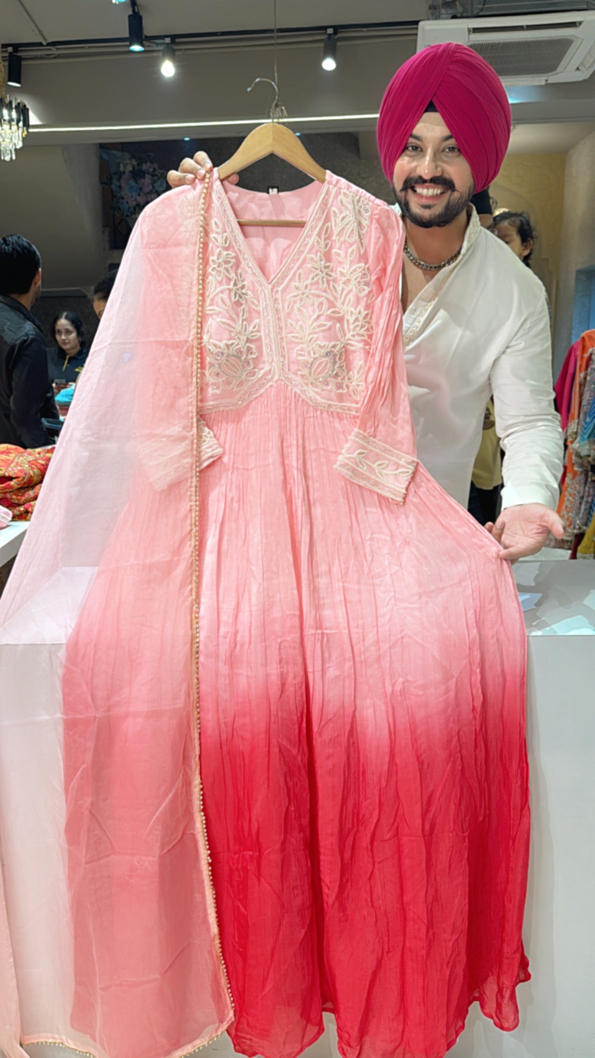 Pink Chinon Padded Barbie Anarkali Gown with Beautiful Pearl hand Embroidery work on neck