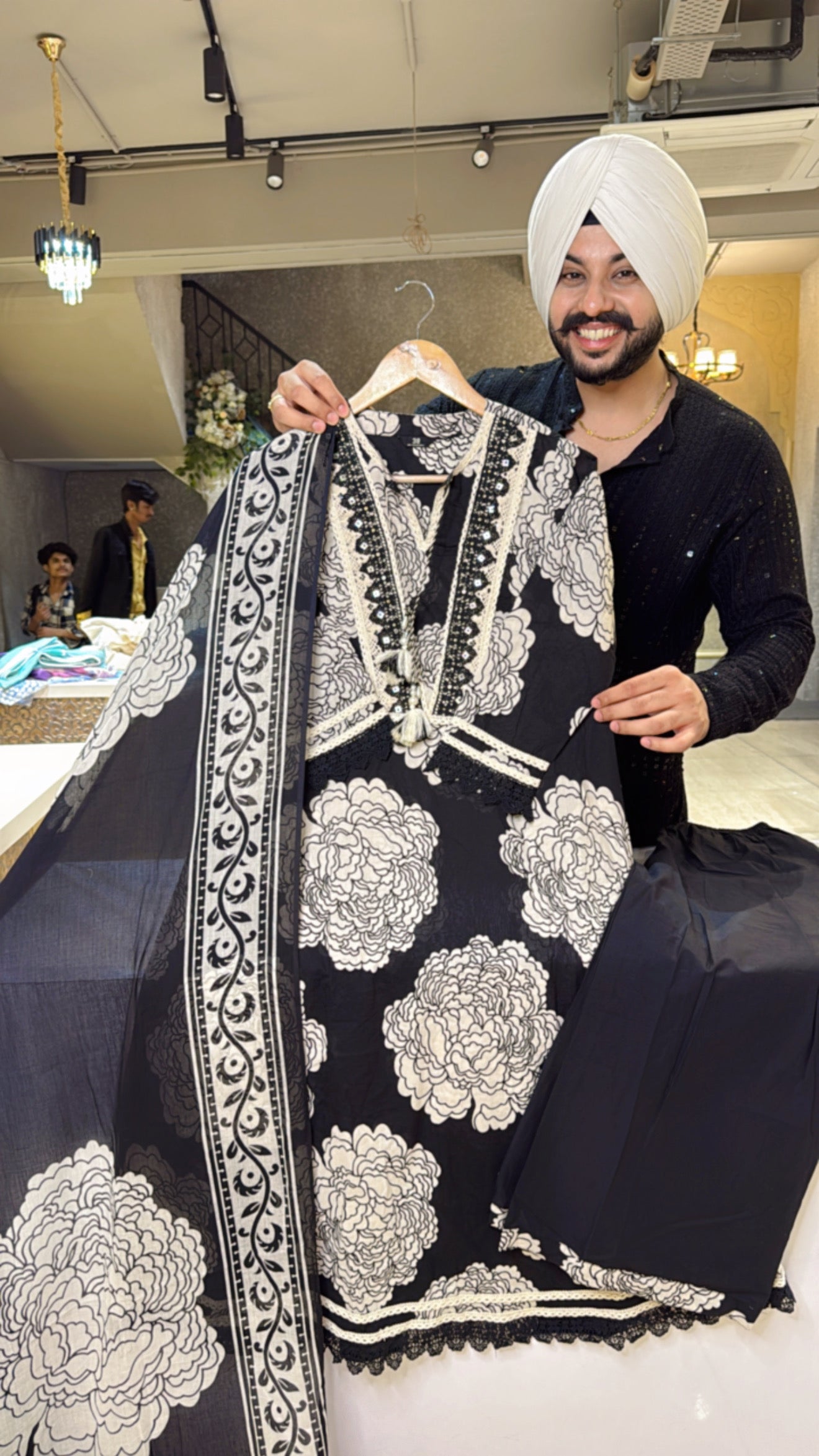 Black & off White Pure Cotton Indowestern Pakistani Suit with Crochet work on neck