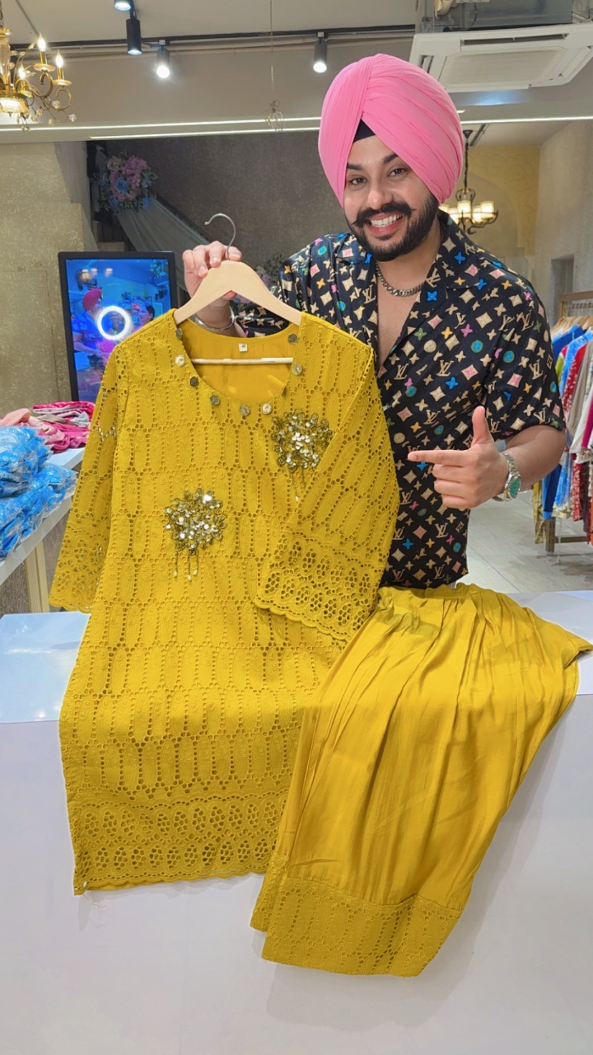 Mustard Yellow soft Silk Hand embroidery & Shifli Worl Party Wear Farshi Coord set