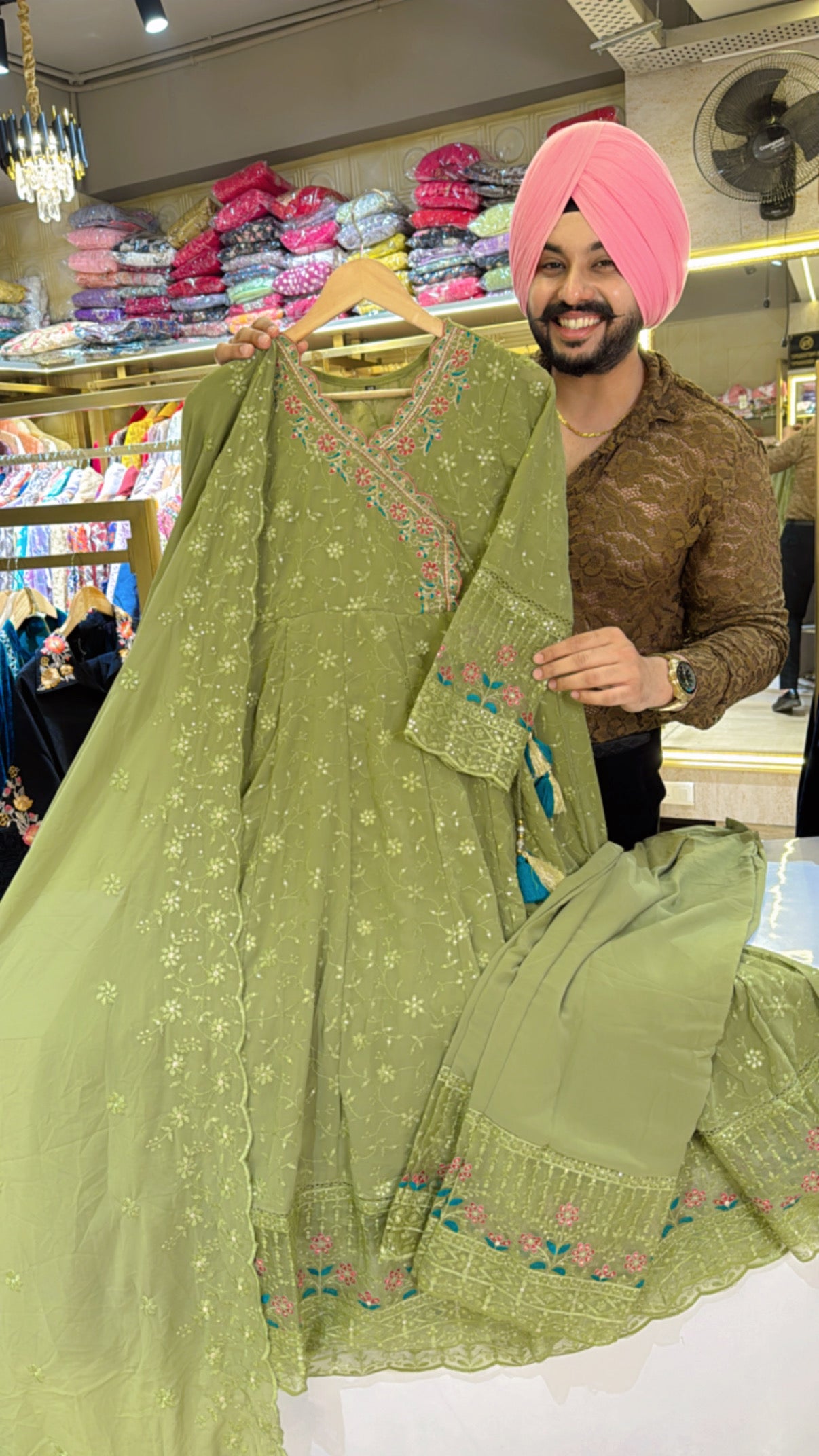 Green Georgette Fully embroidered Angrakha Anarkali Suit with embroidered Duppata