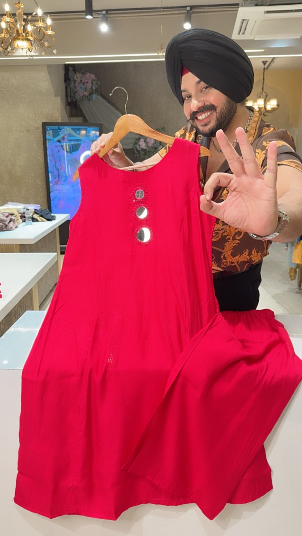 Gajri pink Linen Cotton Mirror work Long Length Cut sleeves Coord set