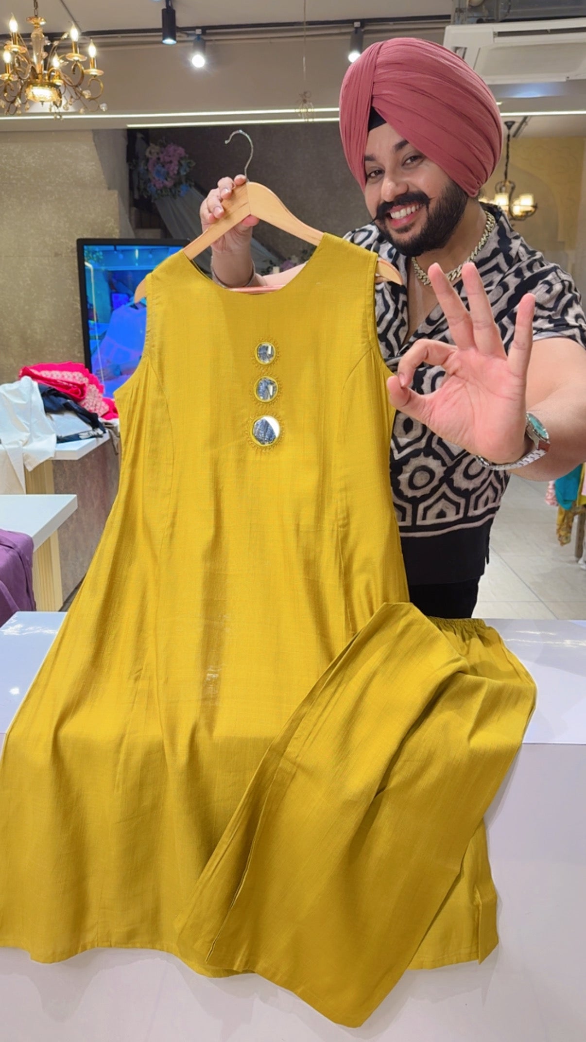 Yellow Mirror work Long Length Cut sleeves A-line Coord set