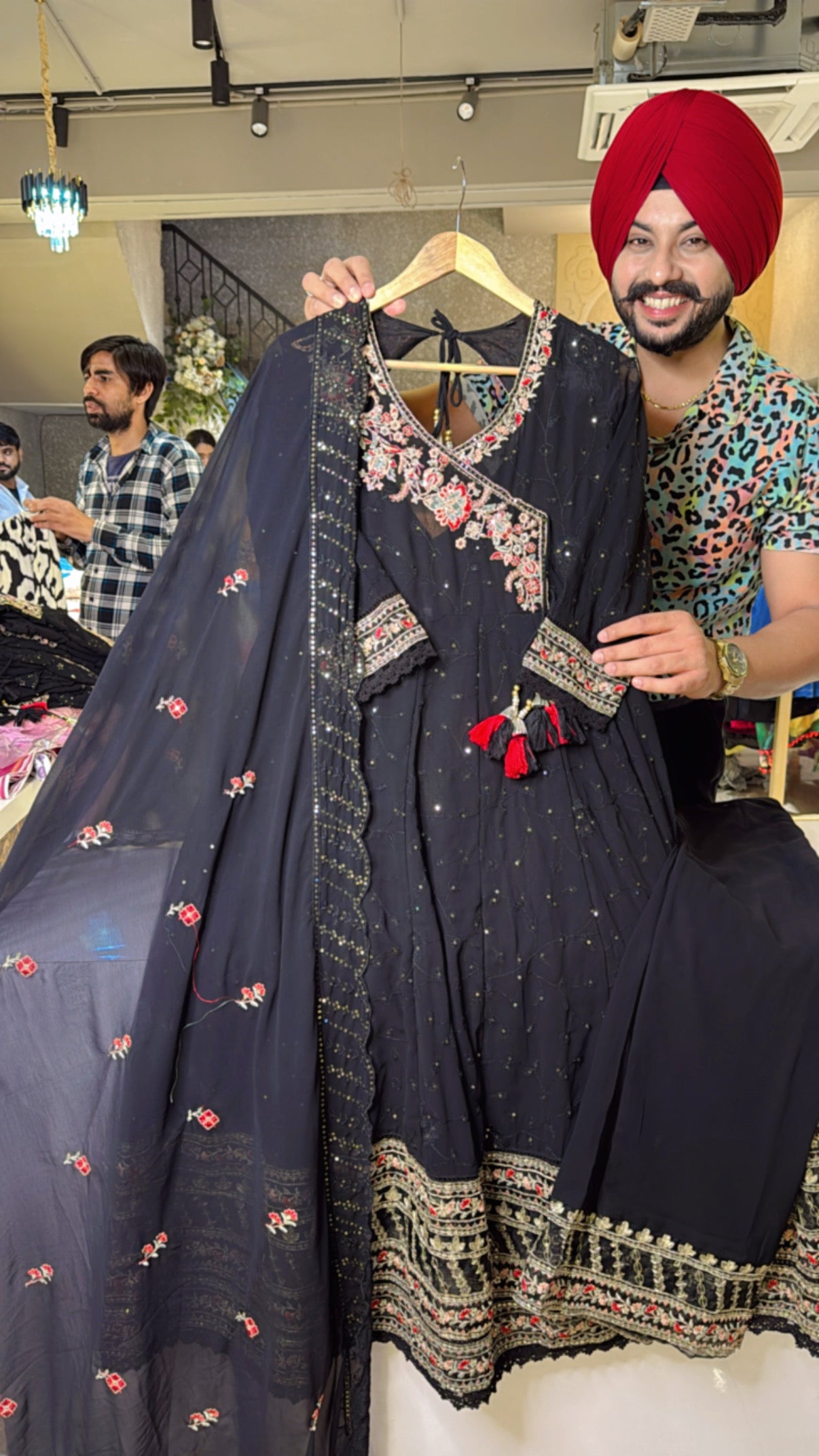 Black Georgette Fully Embroidered Angrakha Deep Back Neck Anarkali suit
