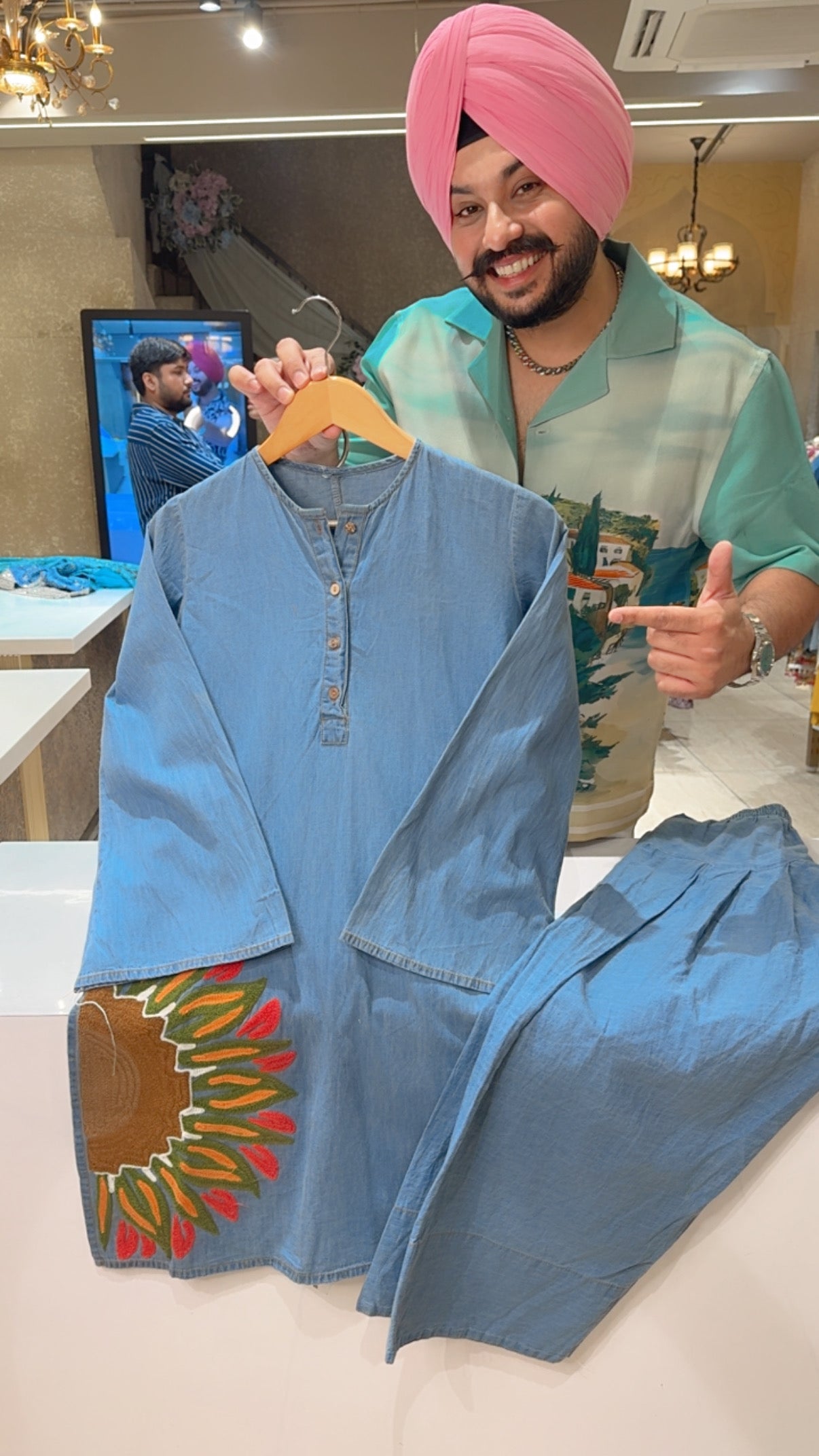 Light Blue soft Denim Beautiful Aari work Farshi Salwar Long Length Coord set