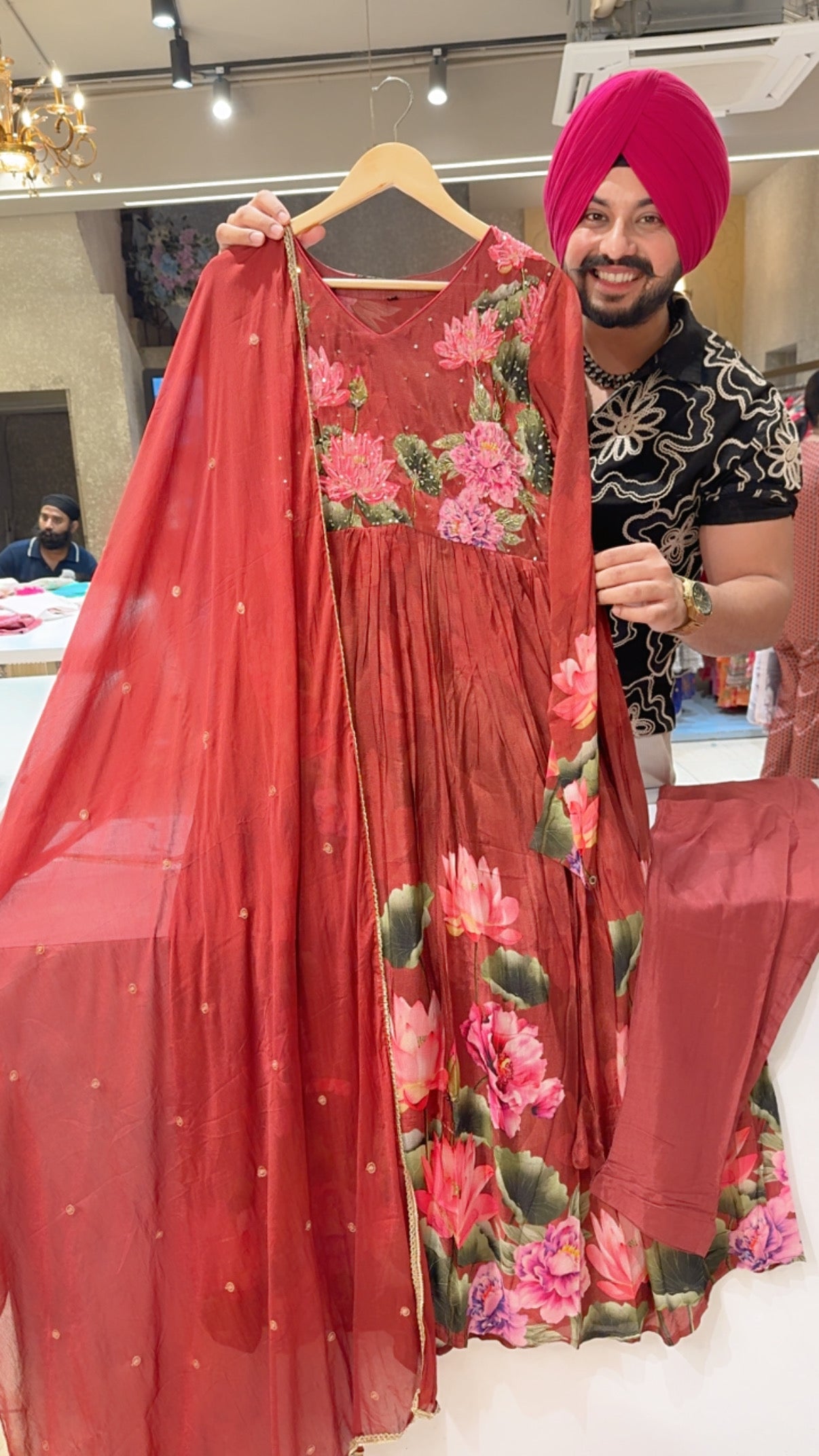 Maroon Chinon Floral Print Full  Flair Anarkali suit with Hand embroidery work on neck & Chinon Sequins work Duppata