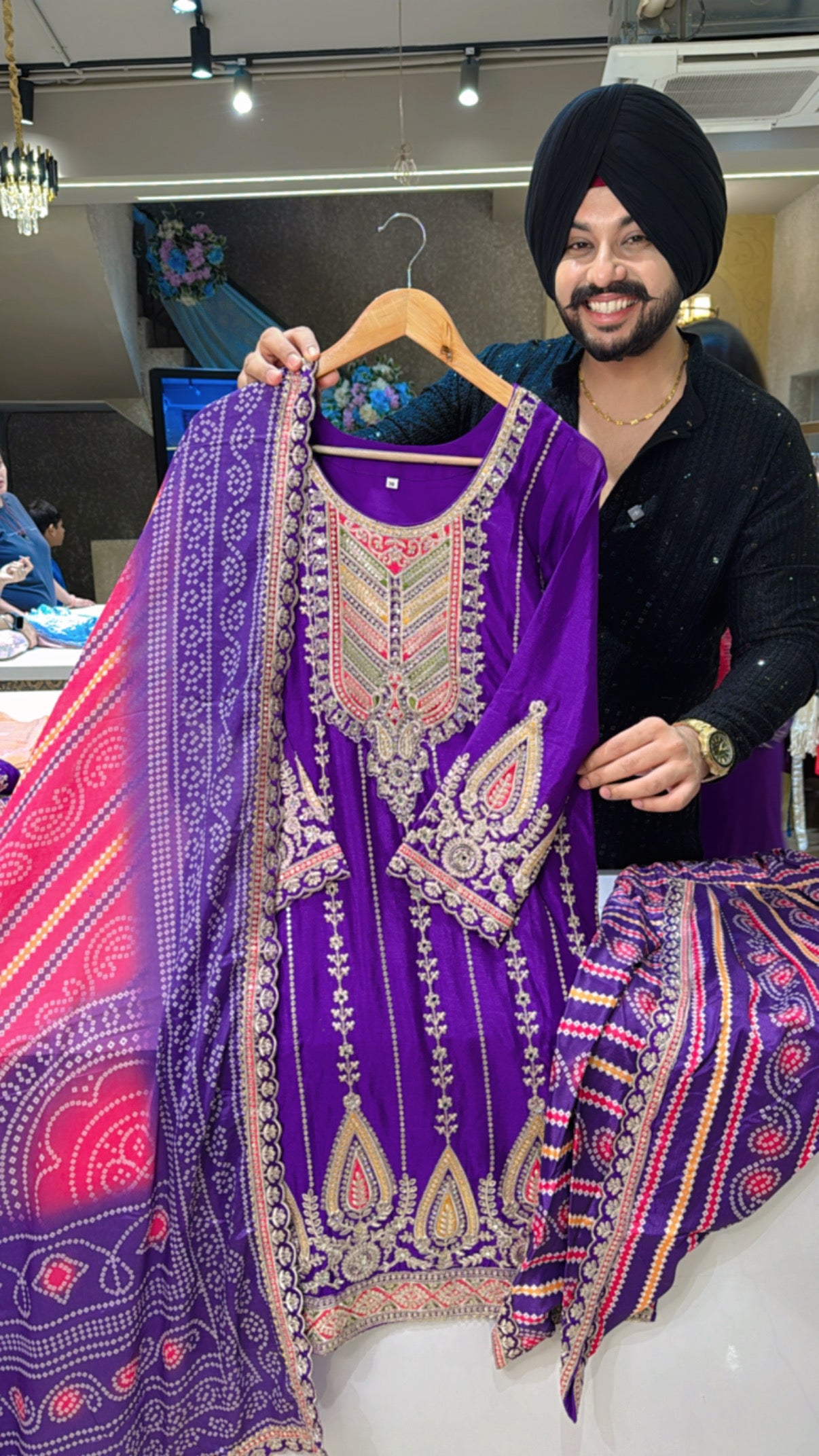 Purple Chinon Heavy embroidered Dhoti suit with Beautiful Bandhej Print on dhoti & Duppata