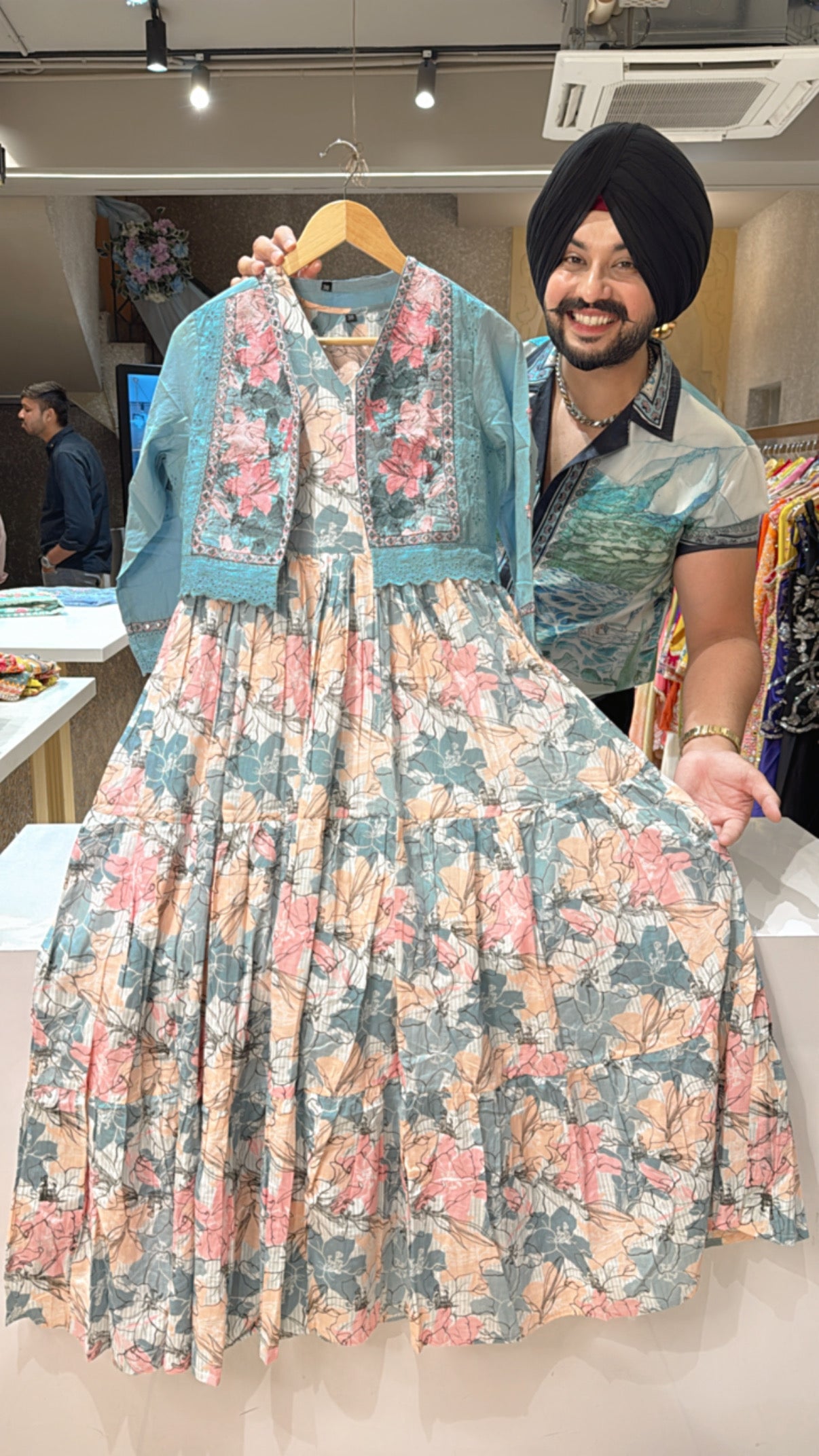 Powder Blue Pure Cotton Indo Western Dress with embroidered Short Jacket