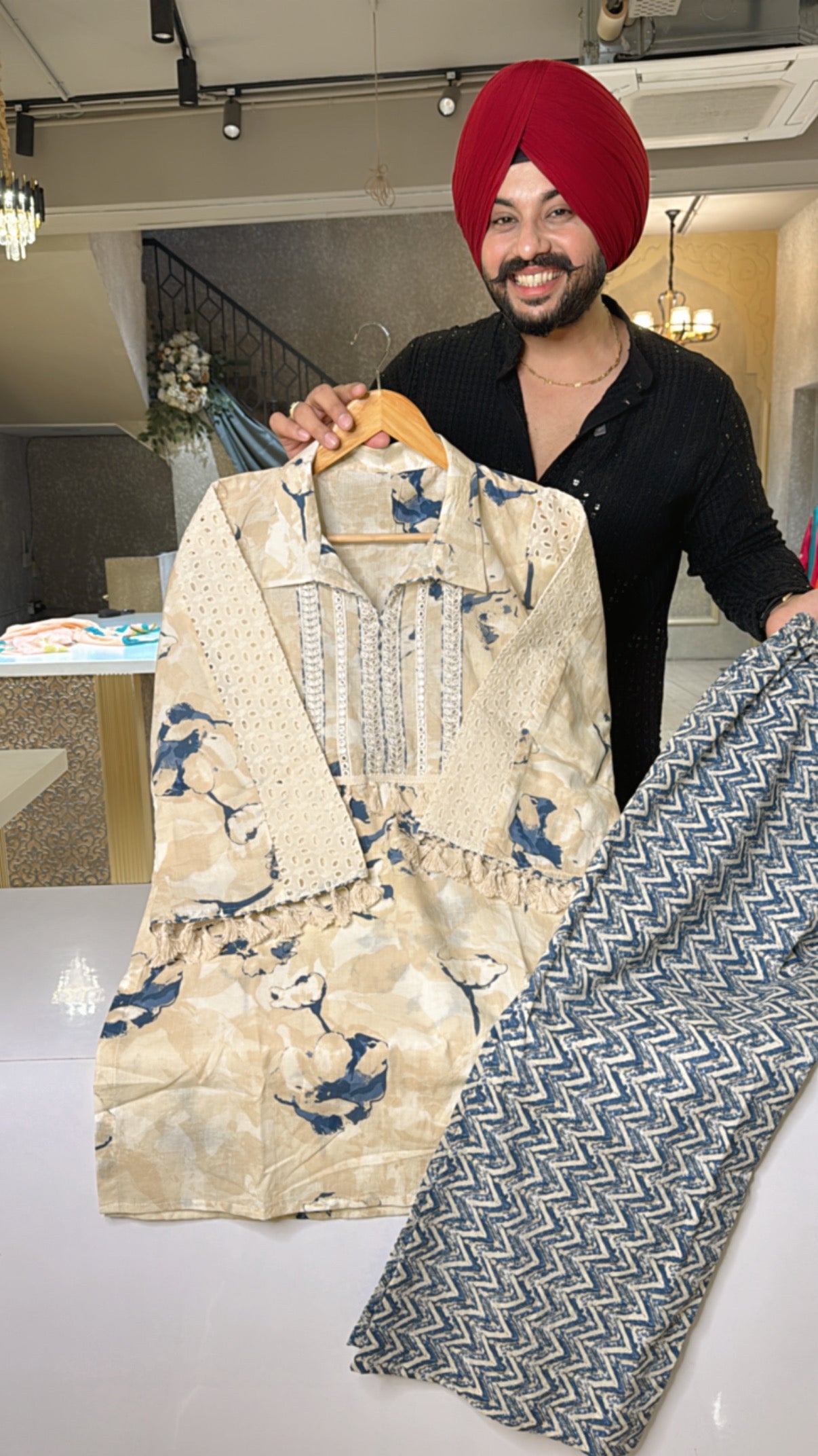 Cream & Blue Collar Neck Bell Bottom Coord set with Embroidery & Shifli Work on it