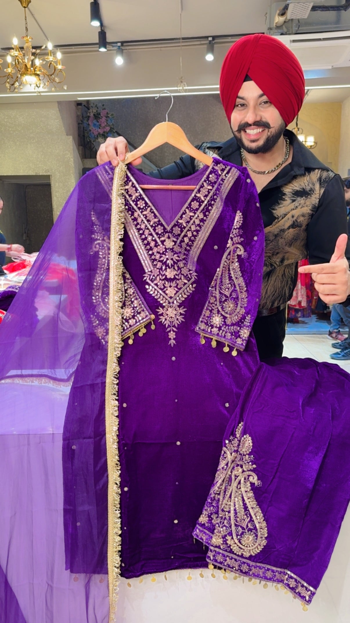 Purple Glossy Velvet  Indowestern Straight Suit Woth Heavy embroidery Work on neck Sleeves & Pants