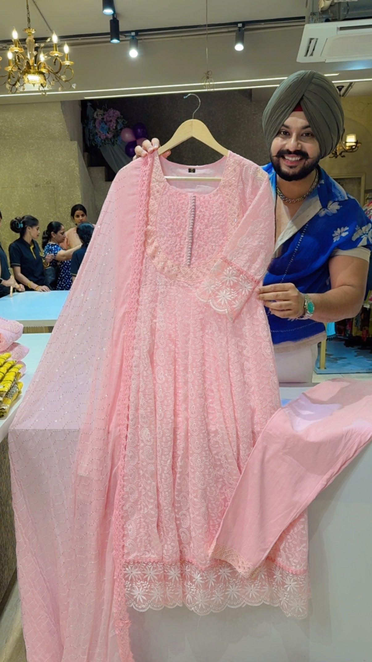 Baby Pink Georgette Self Embroidered Full Flair Anarkali Suit with Sequins Work Chiffon Duppata