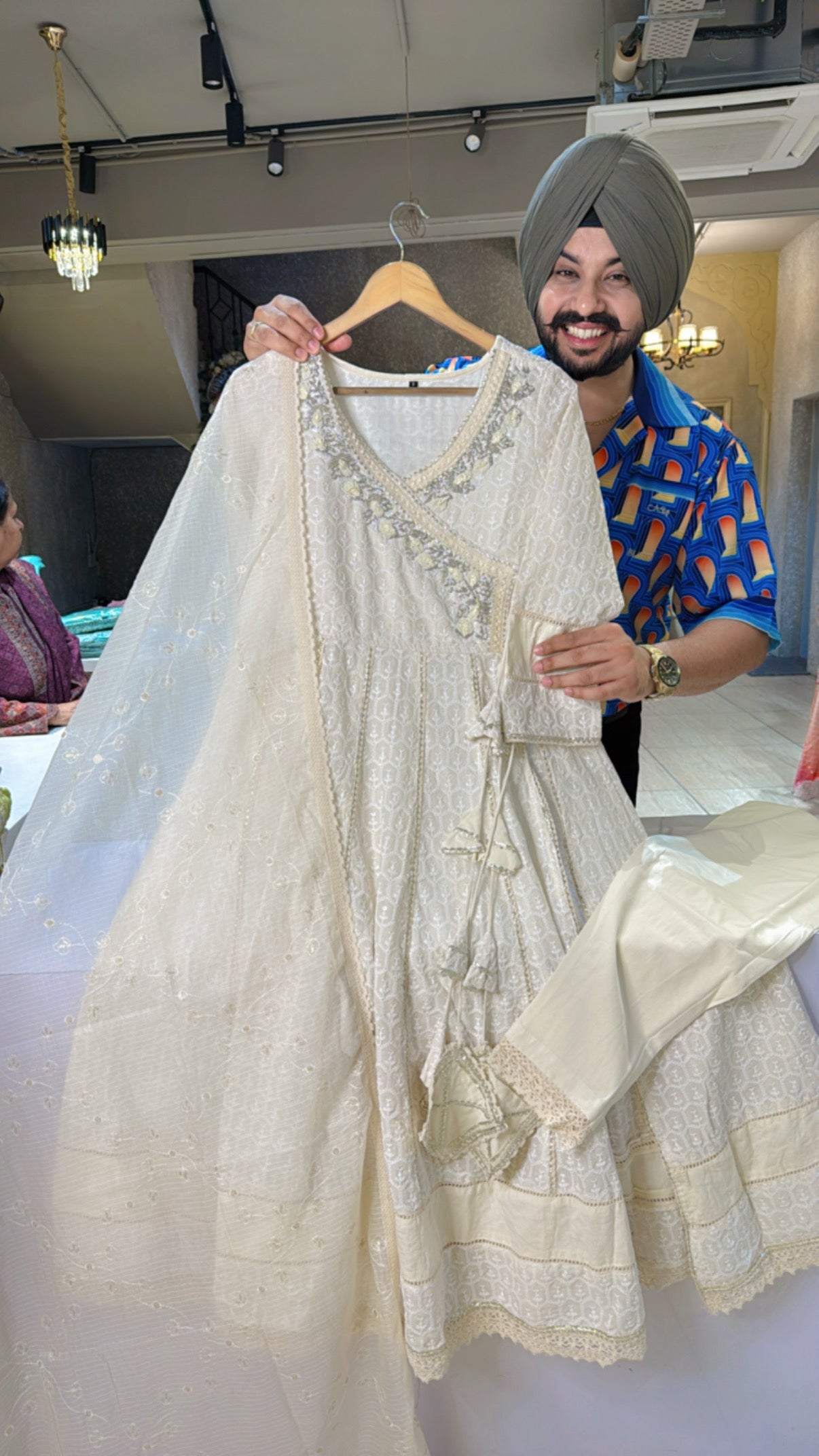Off White Pure Cotton Fully self Embroidered & Sequins Work Angrakha side Slit Anarkali Suit with Embroidered Kota Doria Duppata