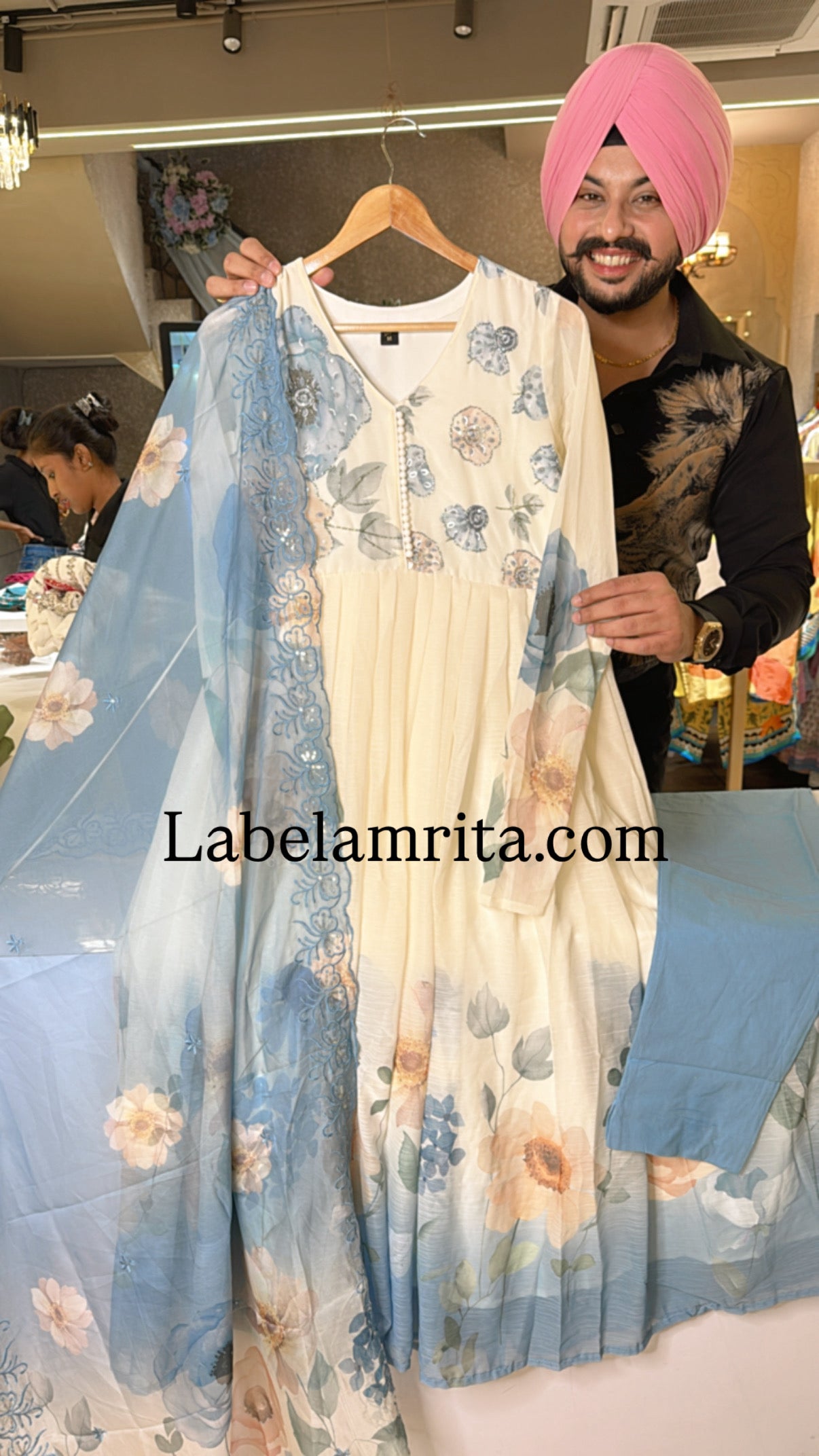 Off white & blue Chiffon Floral print Full Flair Anarkali Suit with Hand Embroidery work on neck & Organza Duppata