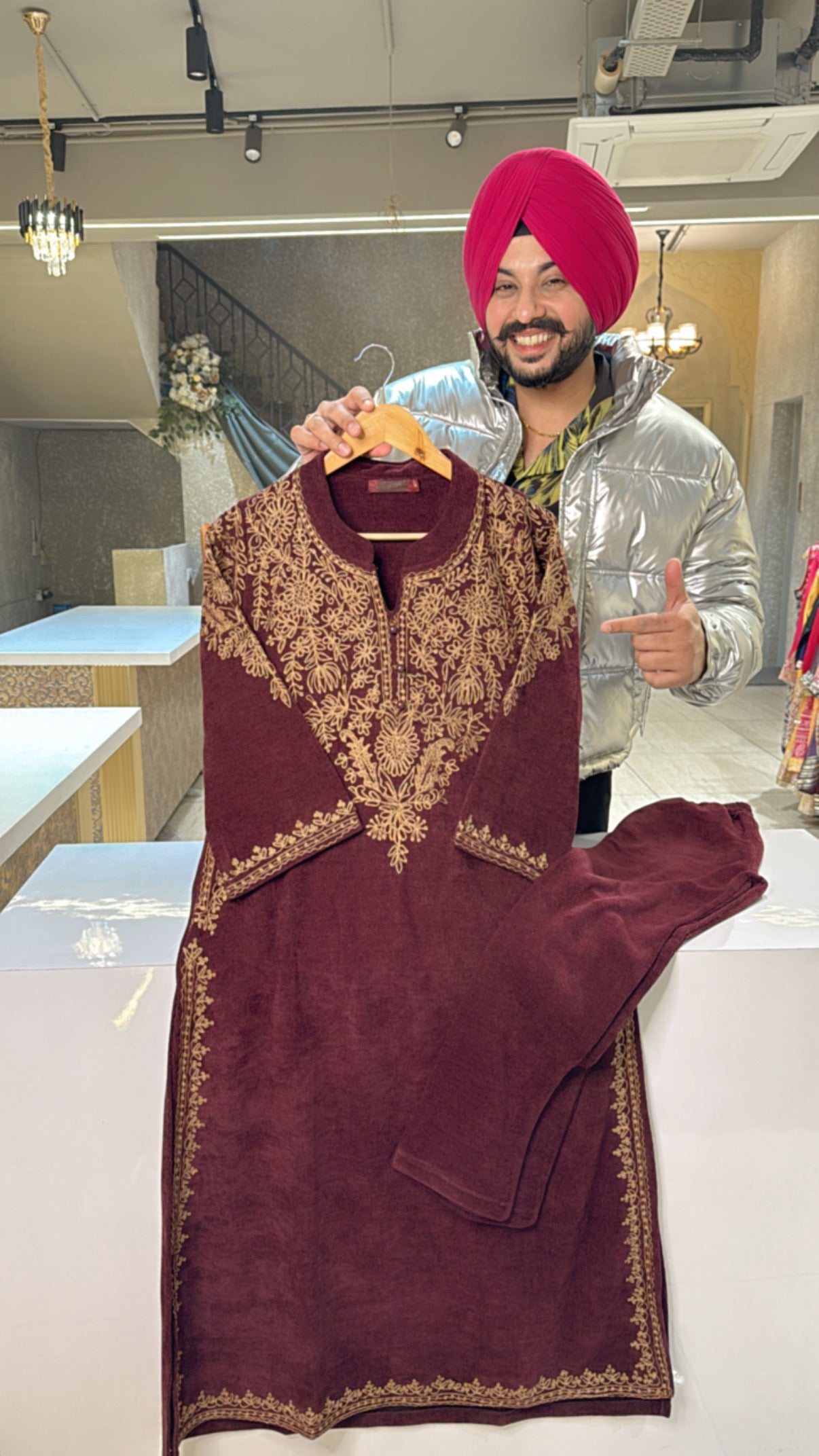 Maroon Fully embroidered Cotrise velvet Kashmiri Phiran Coord set