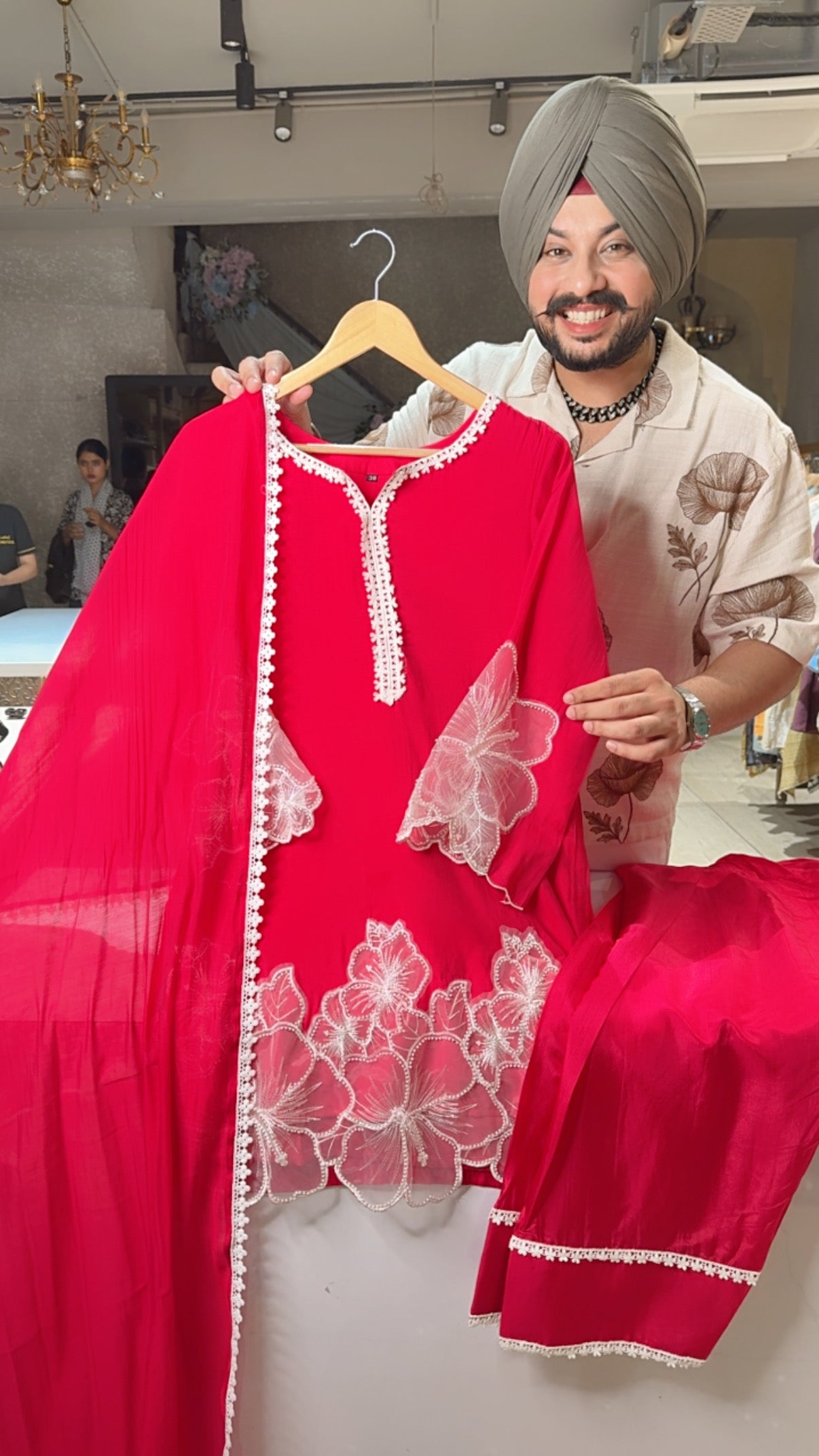 Rani Pink Mal Chanderi Floral Hand Patchwork Designer Farshi Salwar Indowestern Suit