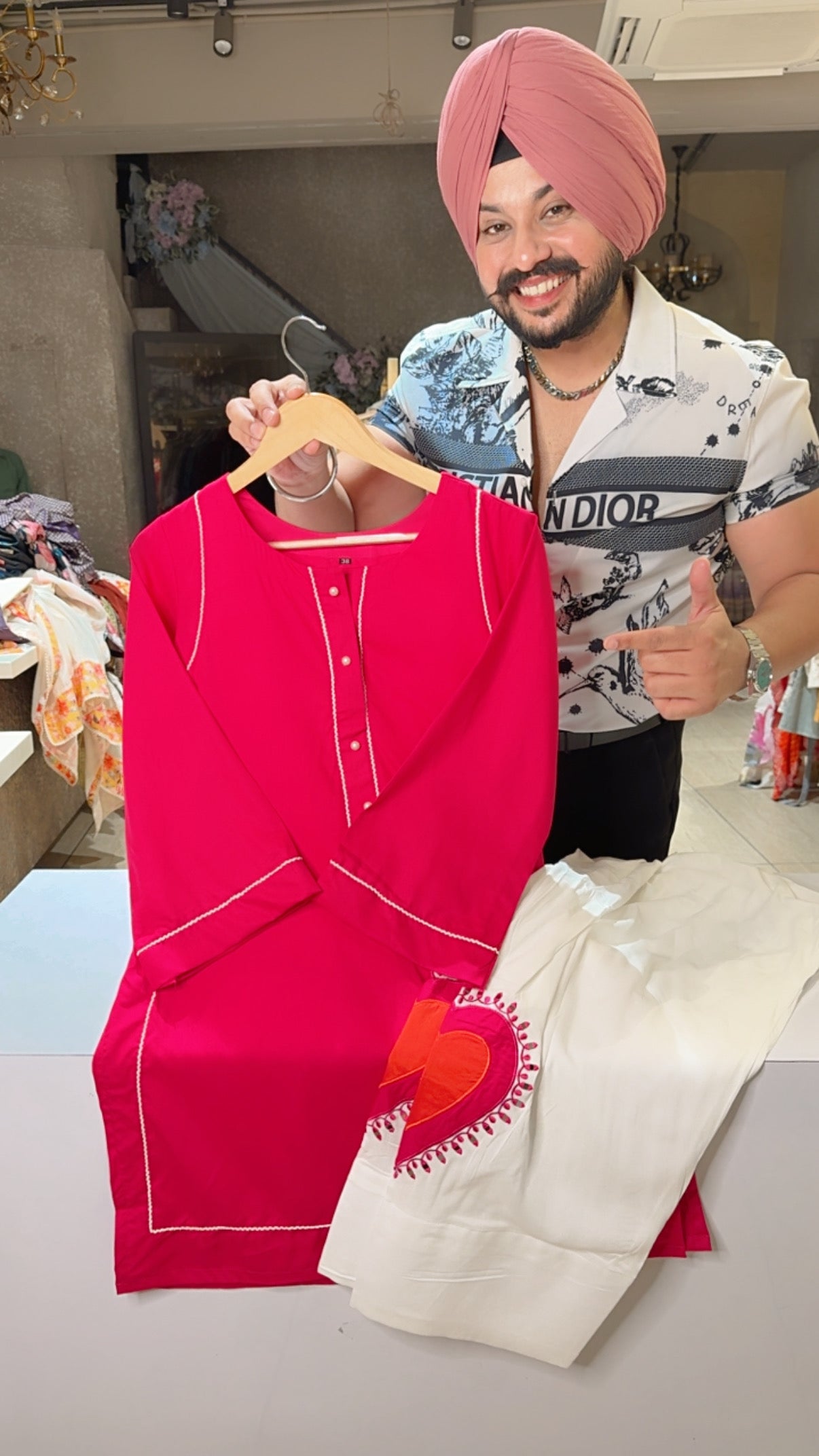Hot pink soft Rayon Long Length Farshi Salwar Coordset with Beautiful Heart Embroidery work on the Farshi
