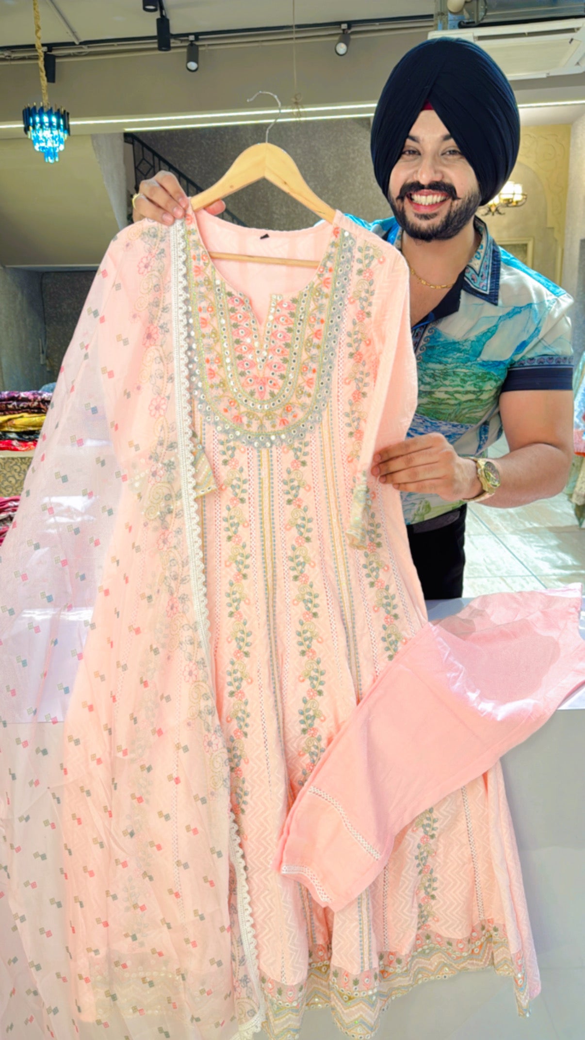 Light Pink Pure Cotton Fully Embroidered Anarkali Suit with beautiful Organza Duppata