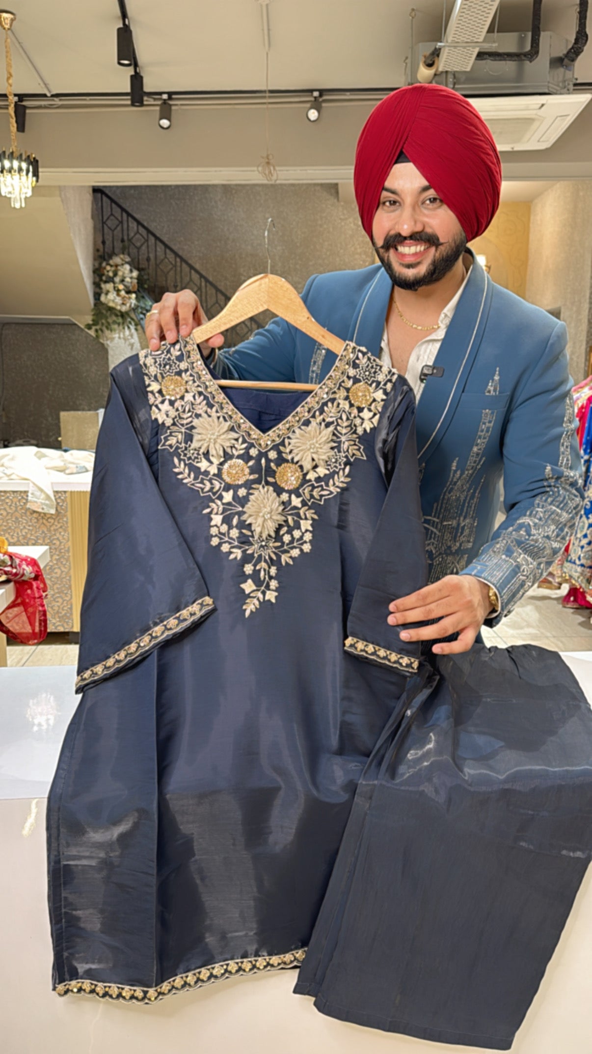Navy Blue shimmer silk Tissue Pakistani Heavy Hand embroidered Coord set